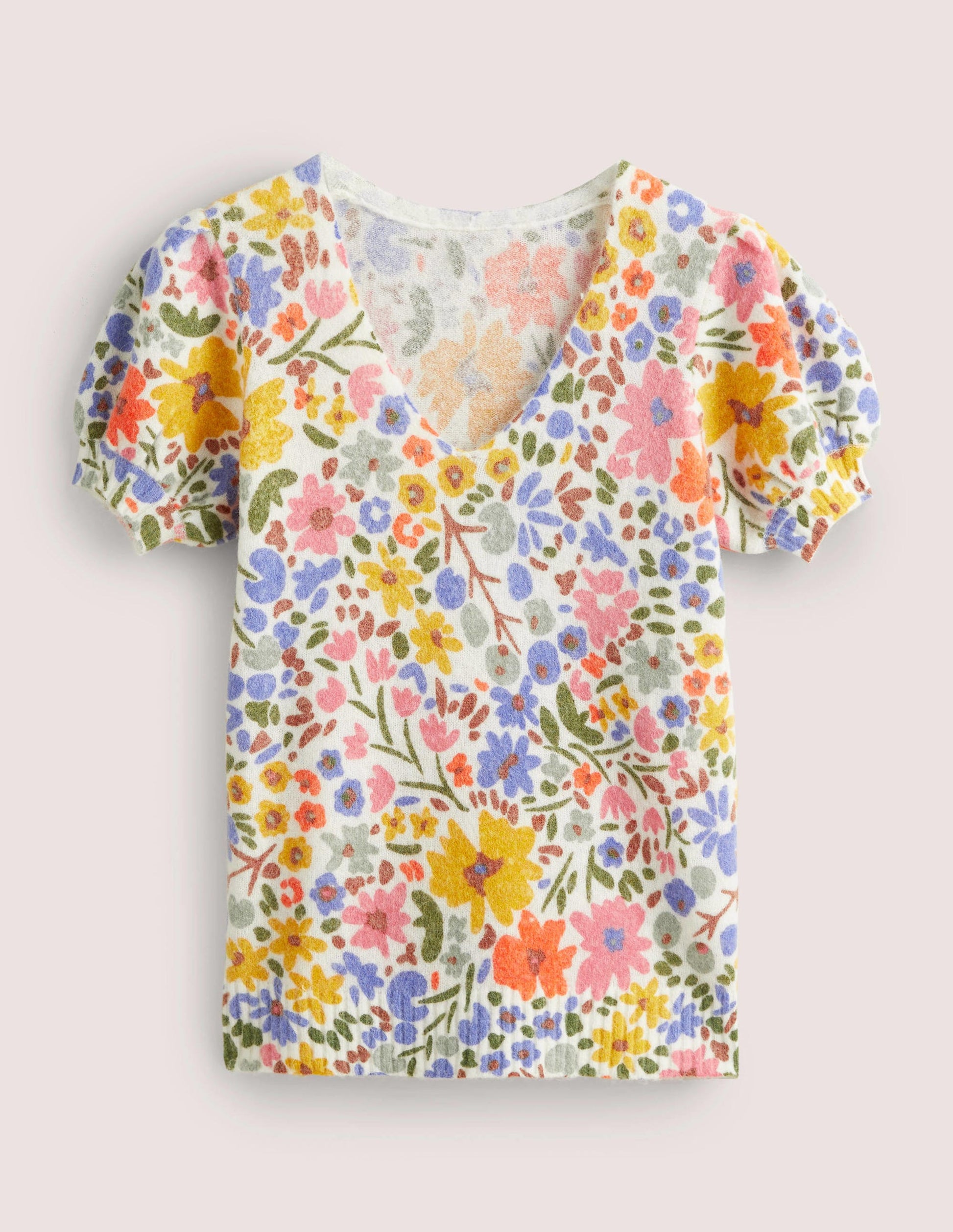 Gemusterter Pullover mit Puffärmeln-Naturweiß, Abstraktes Kleines Blumenmuster-7