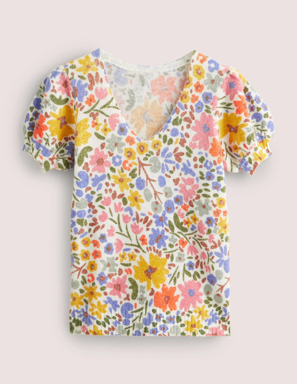 Gemusterter Pullover mit Puffärmeln-Naturweiß, Abstraktes Kleines Blumenmuster - Image 7