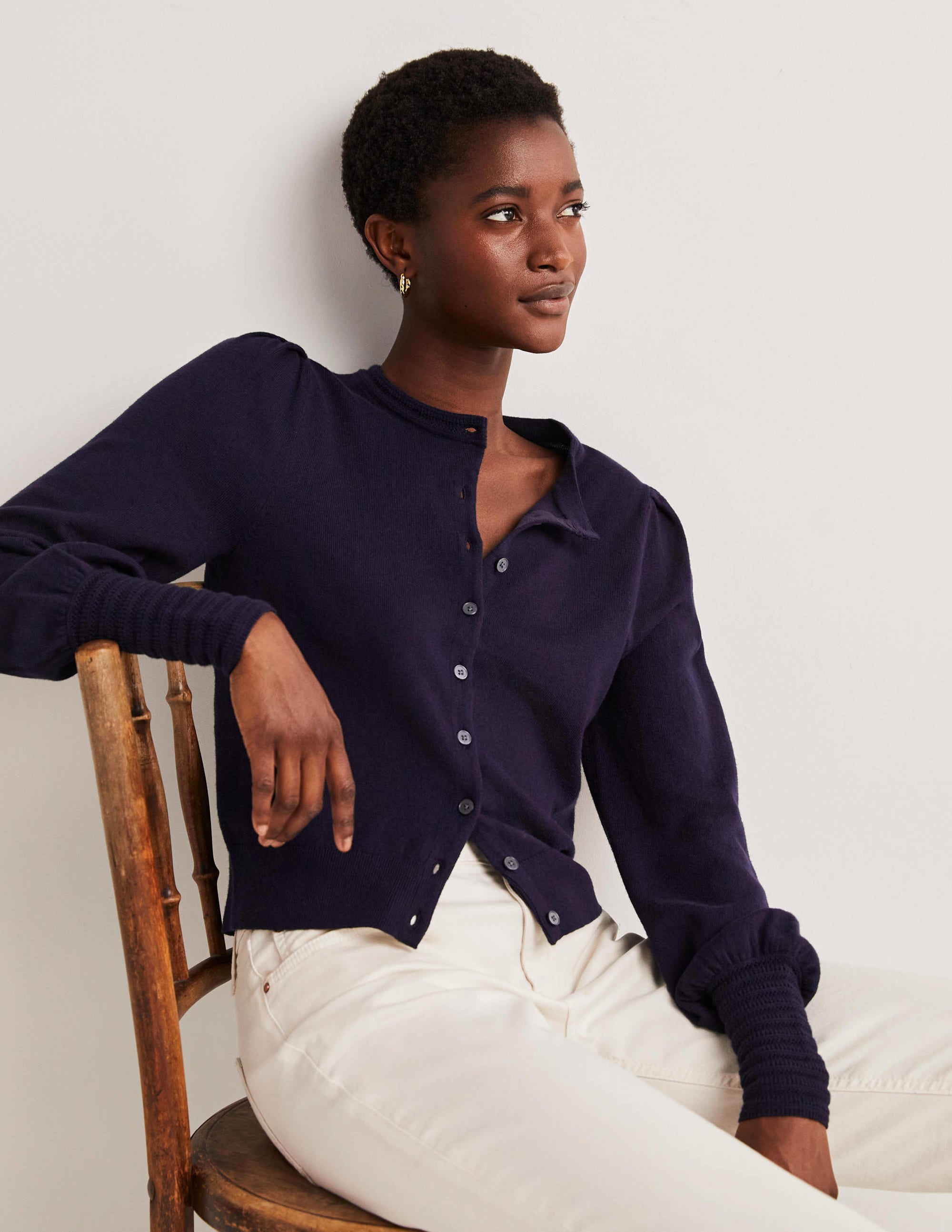 Cardigan à détails pointelle-Bleu marine - Image 1