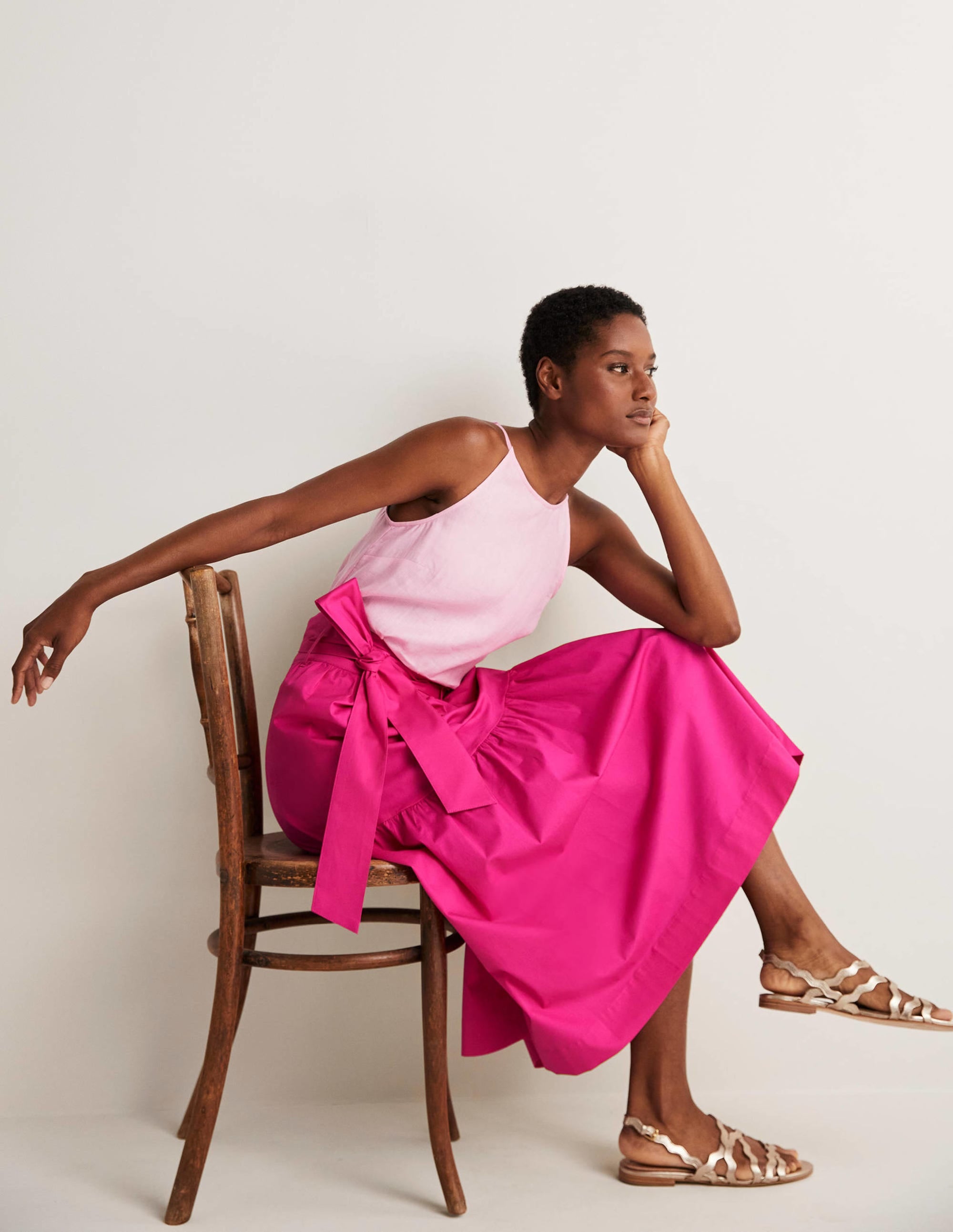 Jupe midi à ceinture et volantée-Rose pastèque sauvage - Image 7