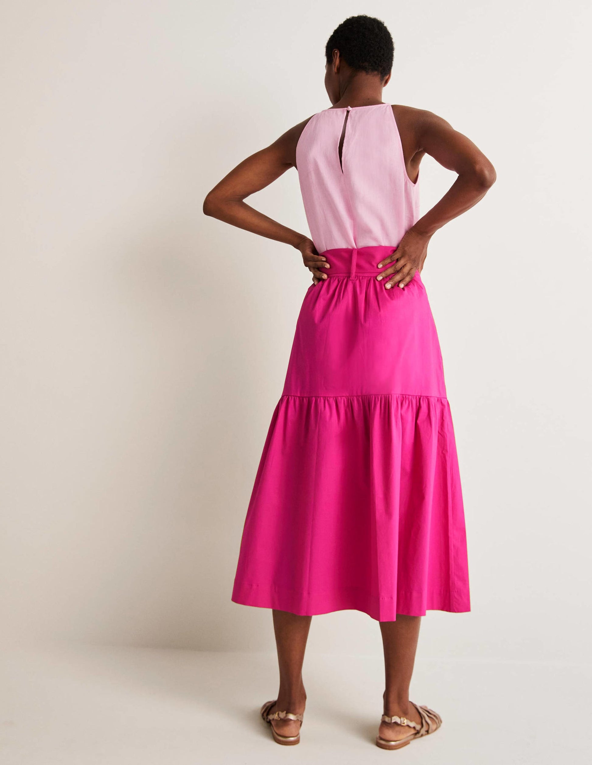 Jupe midi à ceinture et volantée-Rose pastèque sauvage-8