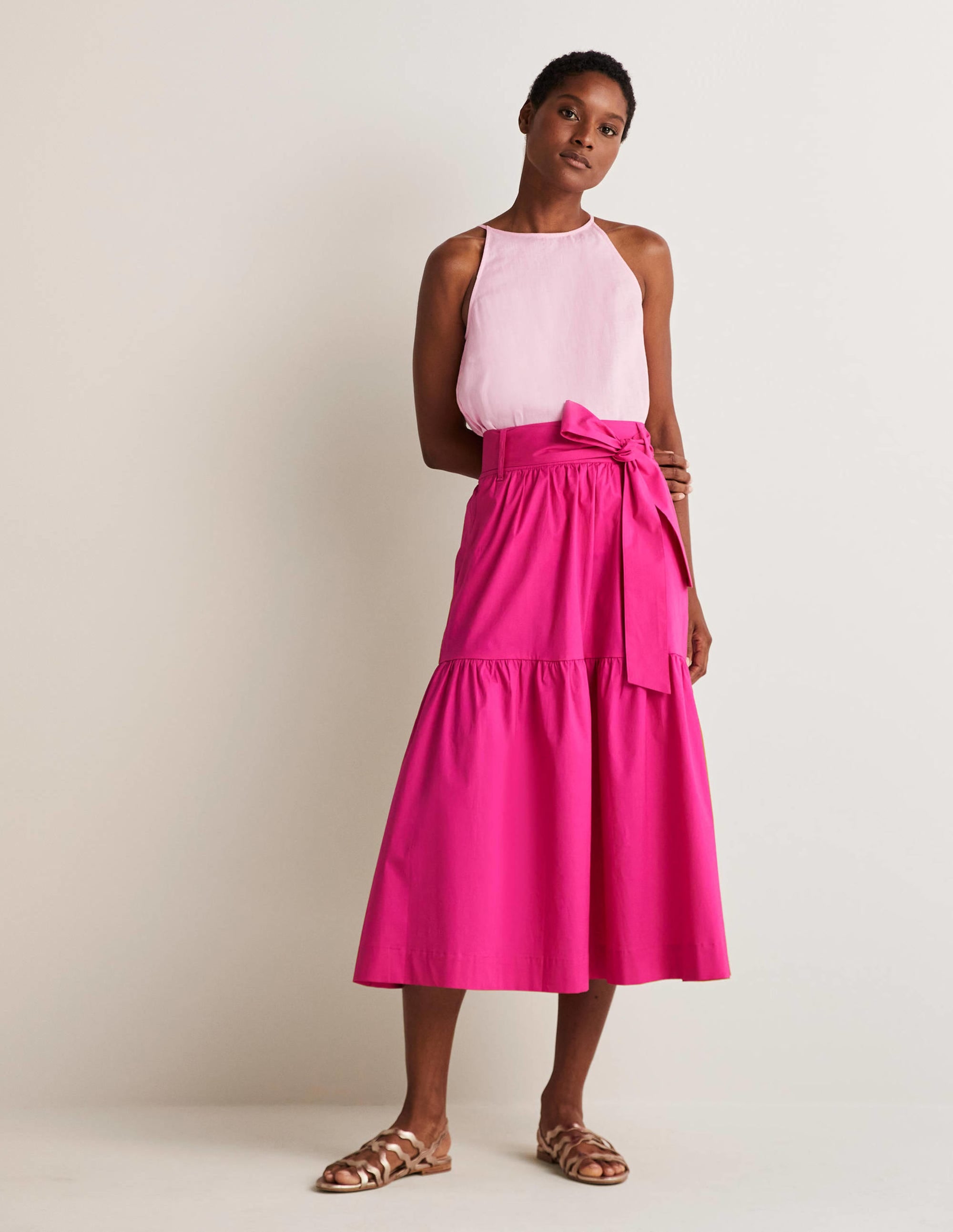 Jupe midi à ceinture et volantée-Rose pastèque sauvage - Image 1