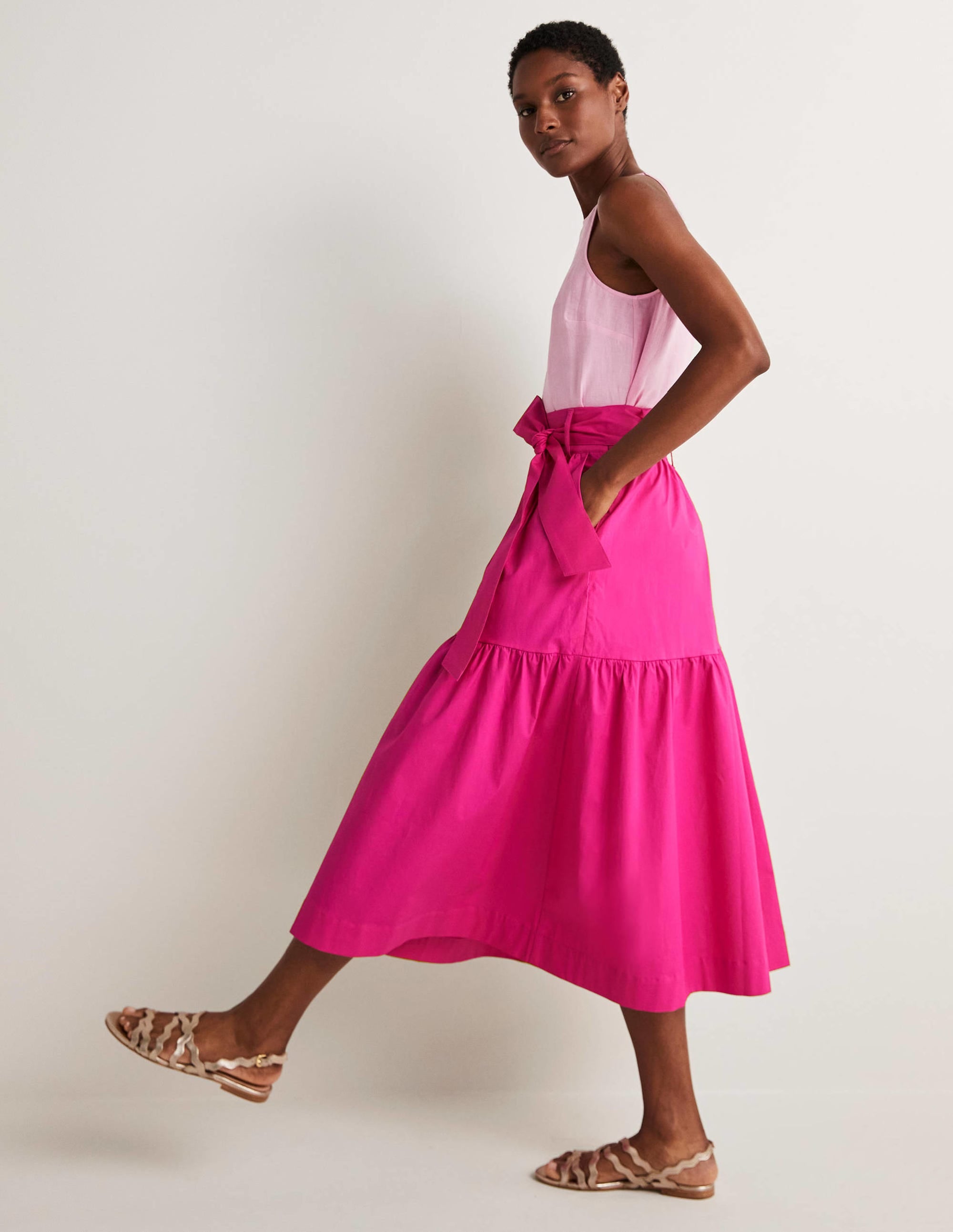 Jupe midi à ceinture et volantée-Rose pastèque sauvage - Image 4