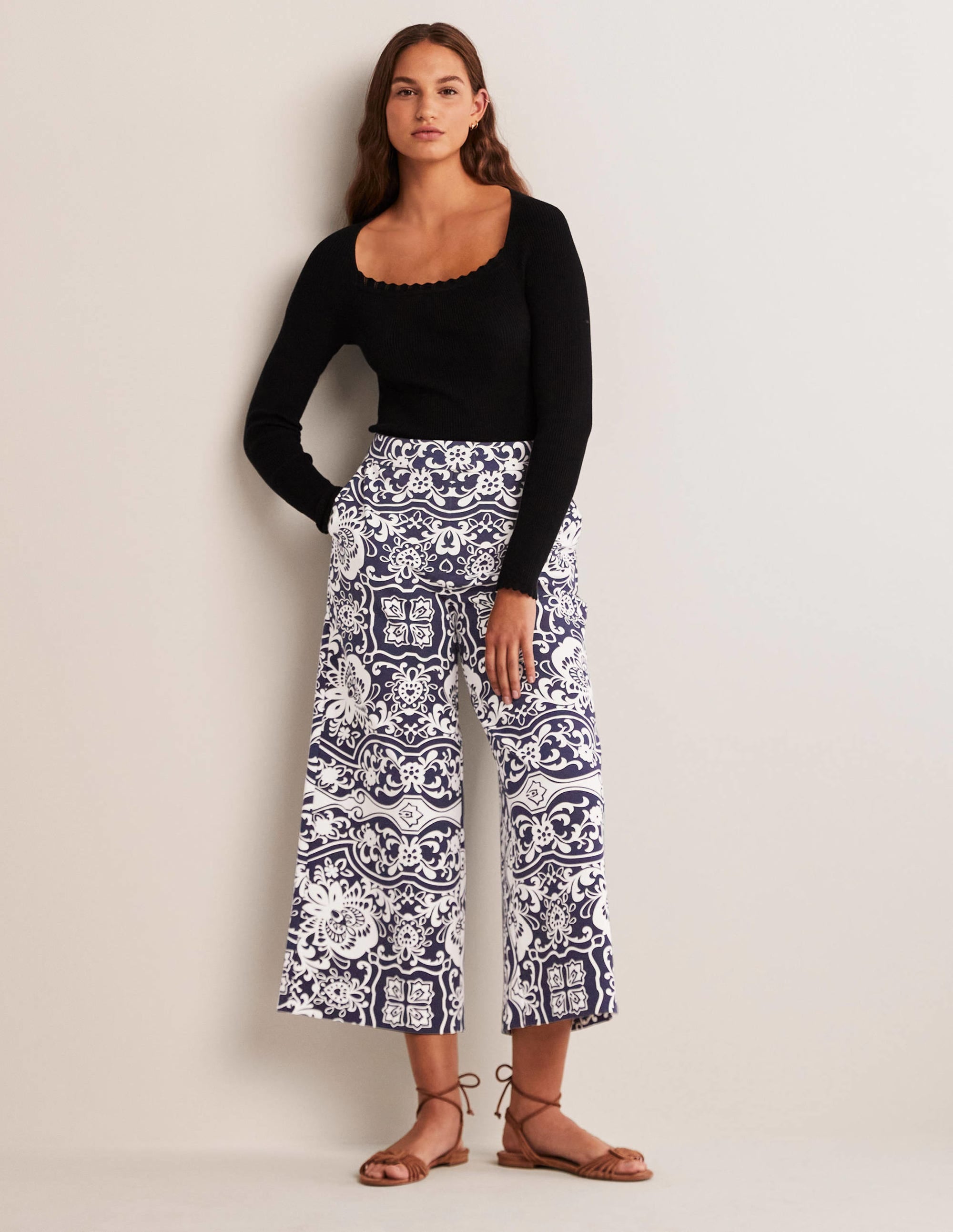 Jersey Wide Leg Culottes-French Navy, Ornate Garden - Image 5
