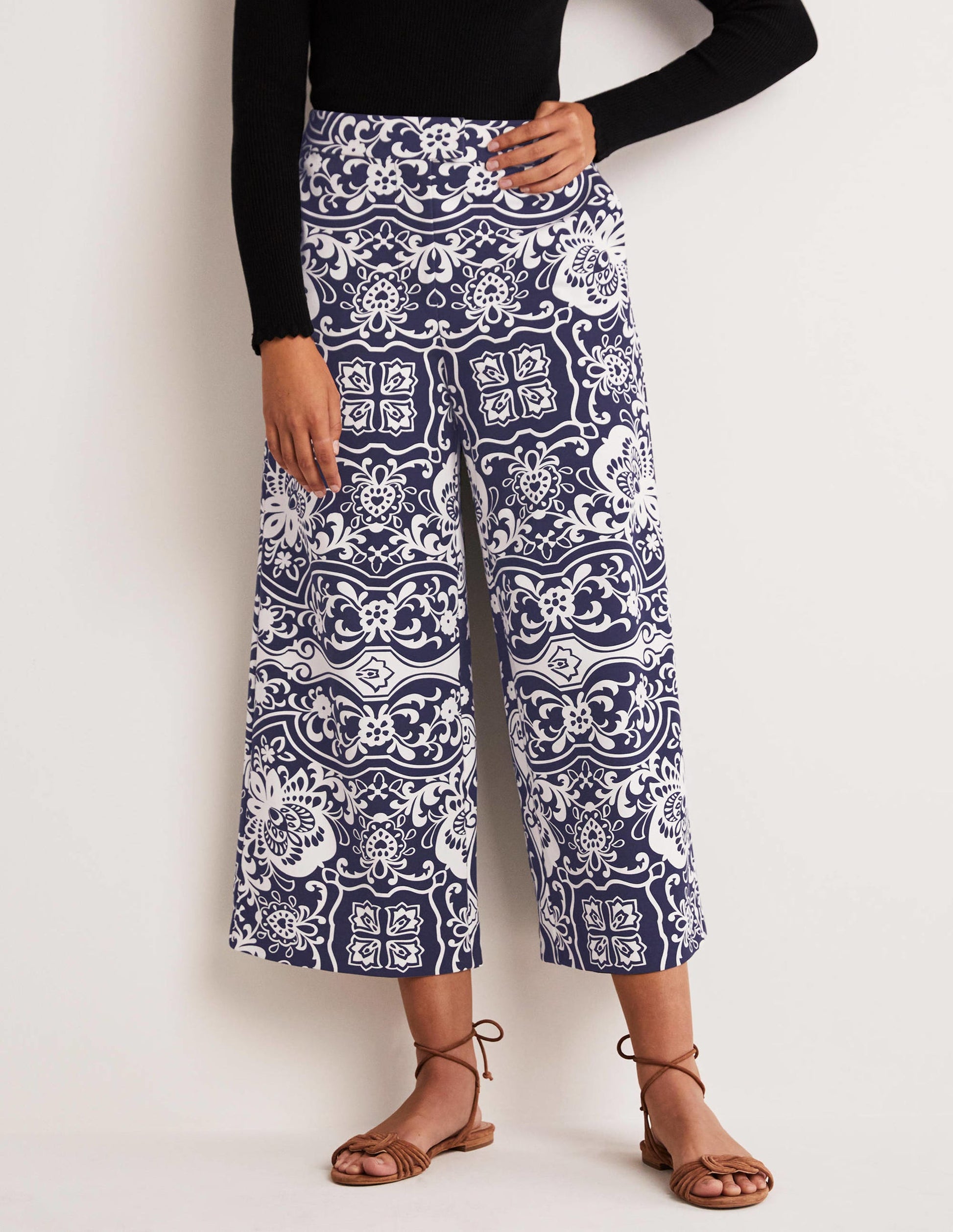 Jersey Wide Leg Culottes-French Navy, Ornate Garden-4