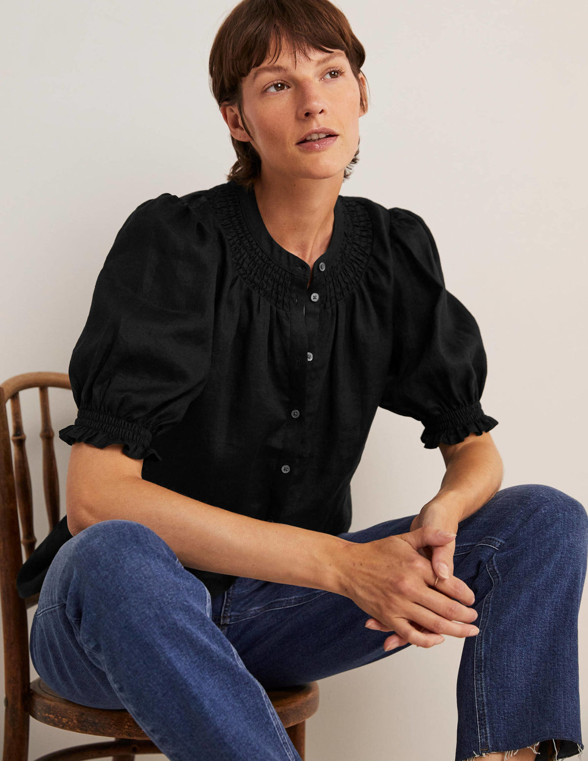 Smocked Short Sleeve Blouse-Black - Image 4