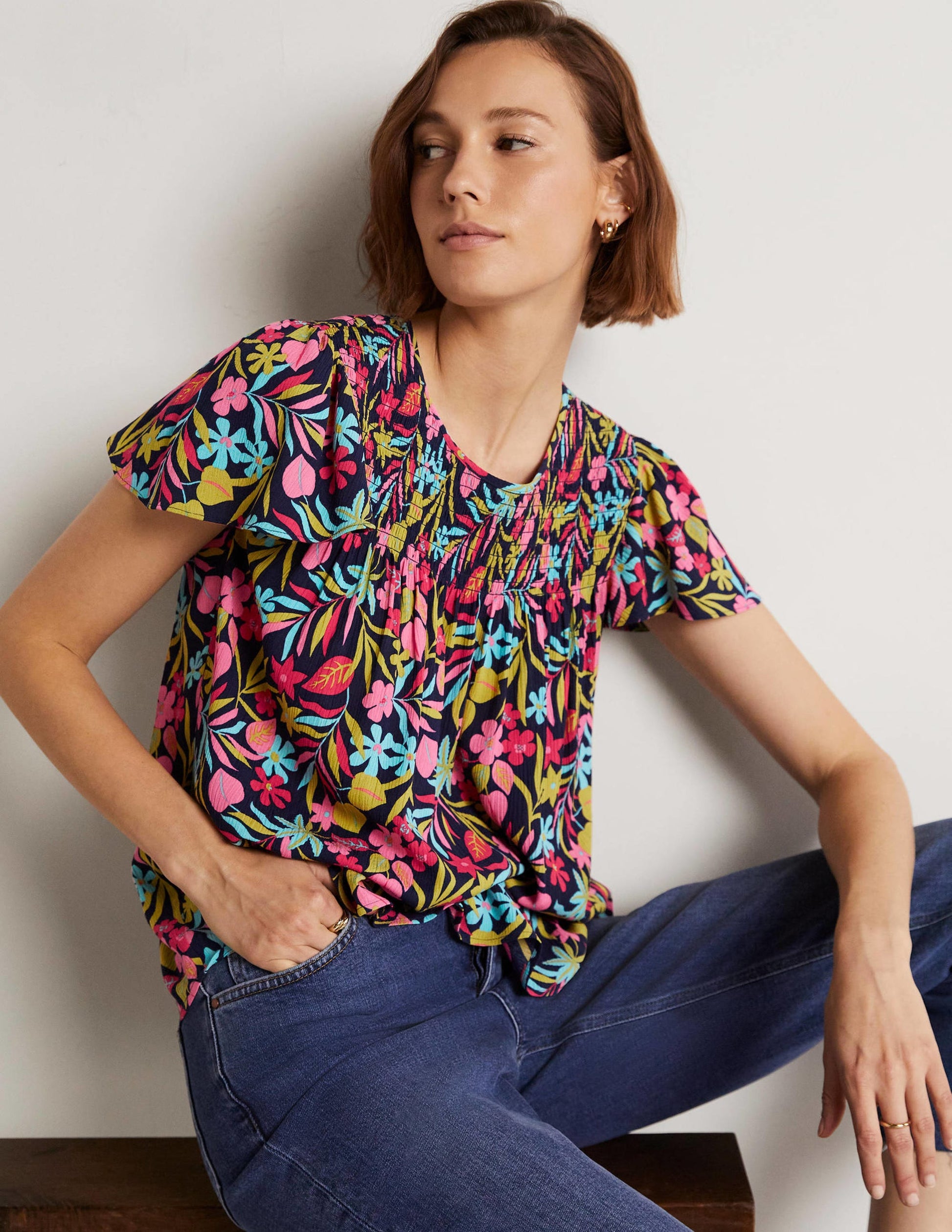 Layla Printed Smocked Top-French Navy, Tropic Foliage-5