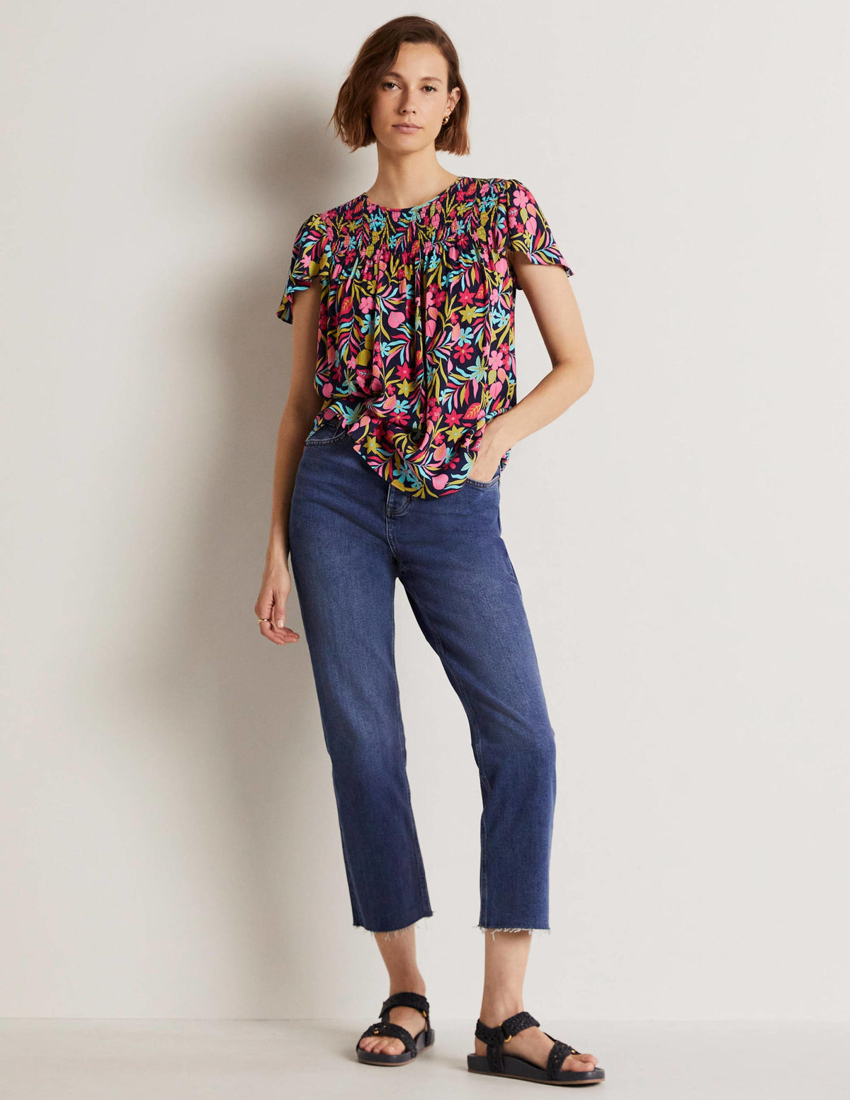 Layla Printed Smocked Top-French Navy, Tropic Foliage-8