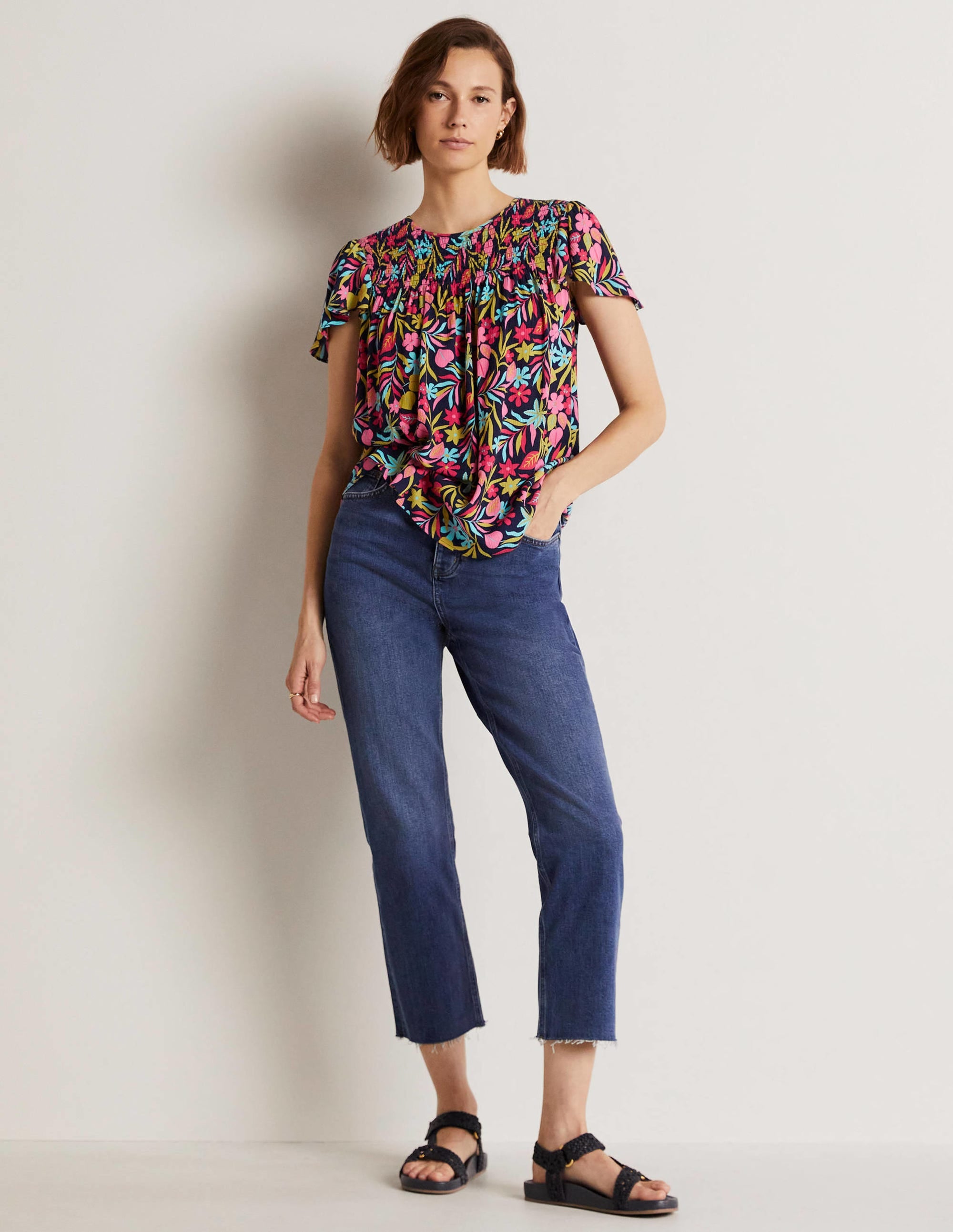 Layla Printed Smocked Top-French Navy, Tropic Foliage - Image 8