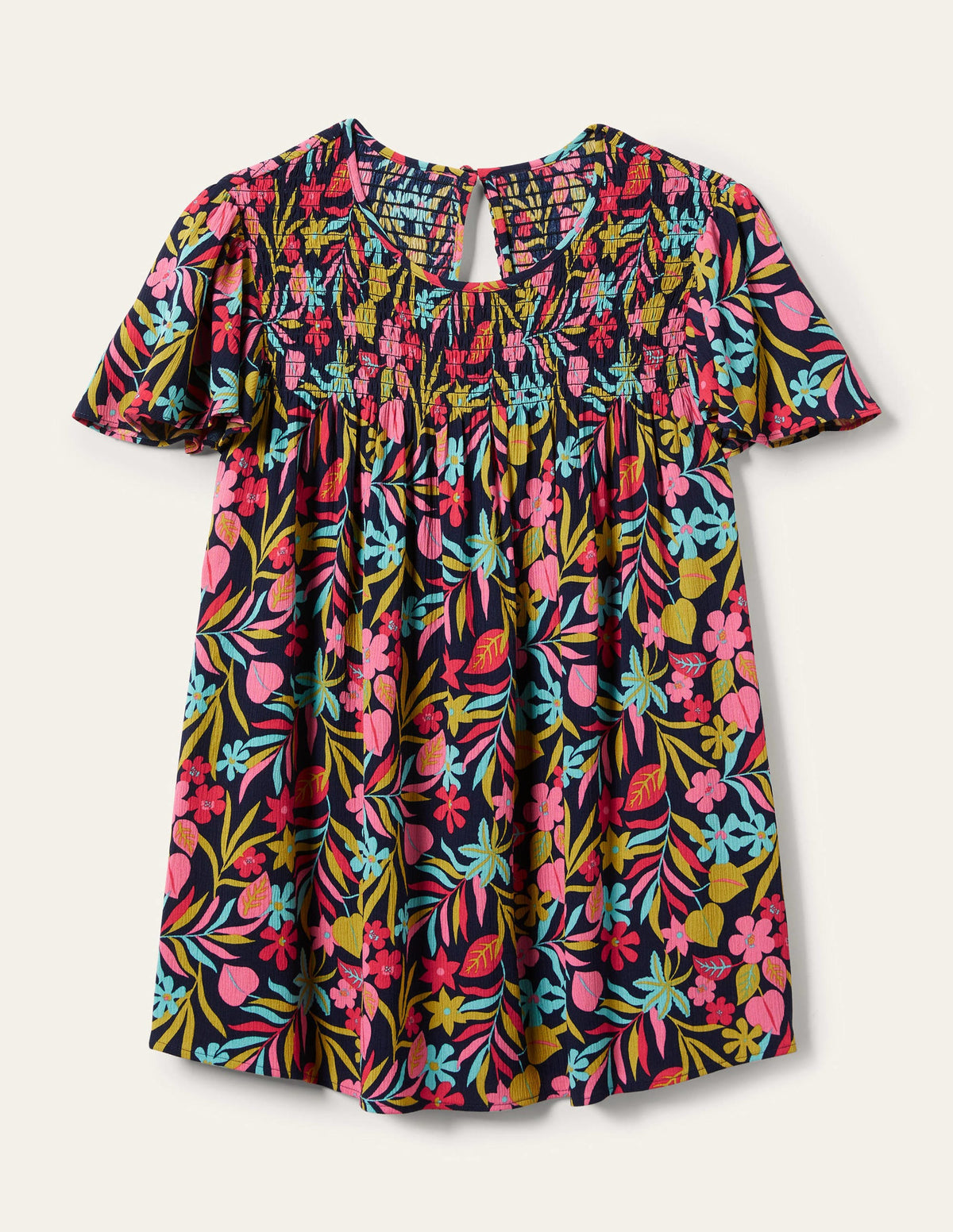 Layla Printed Smocked Top-French Navy, Tropic Foliage-10