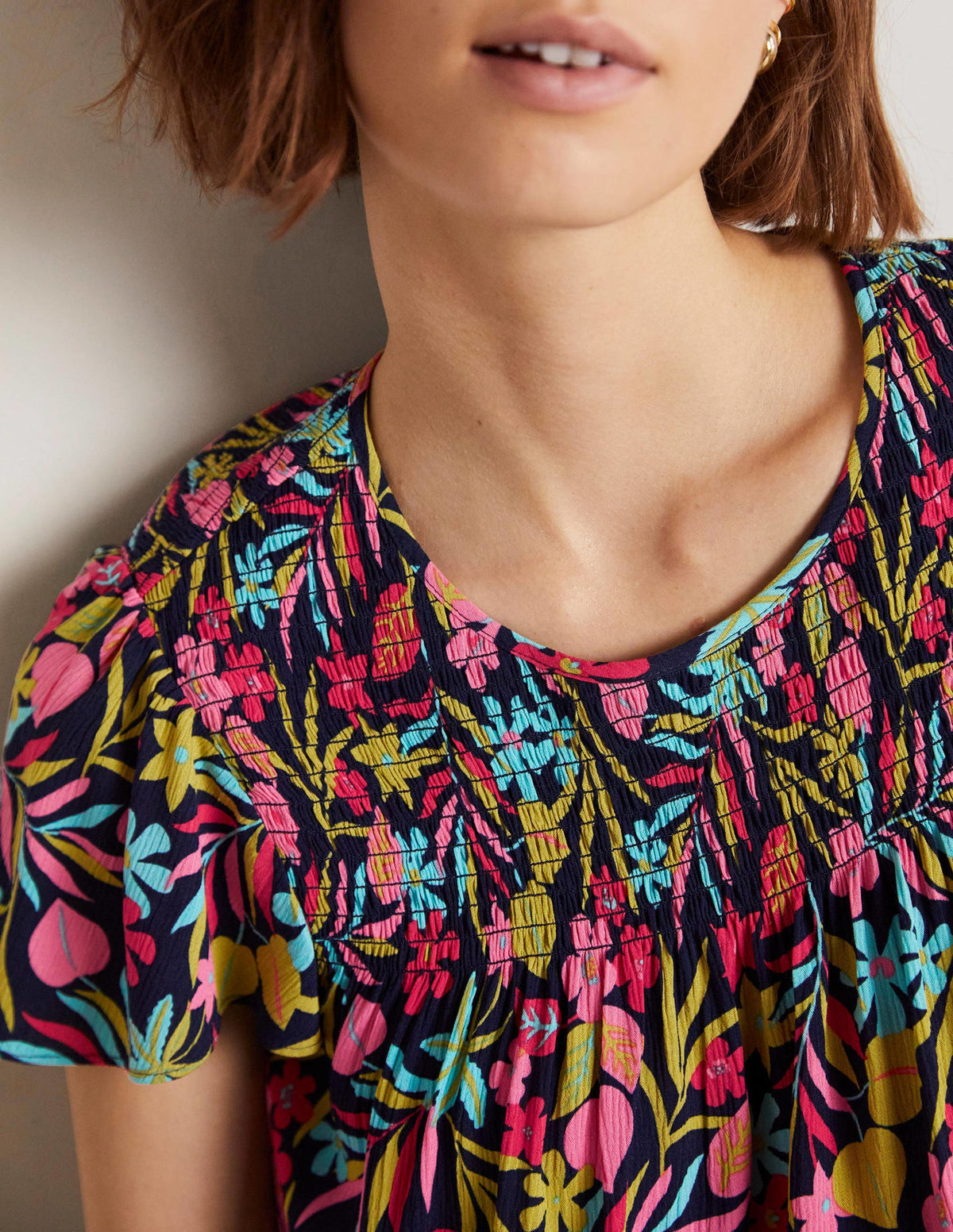 Layla Printed Smocked Top-French Navy, Tropic Foliage-2