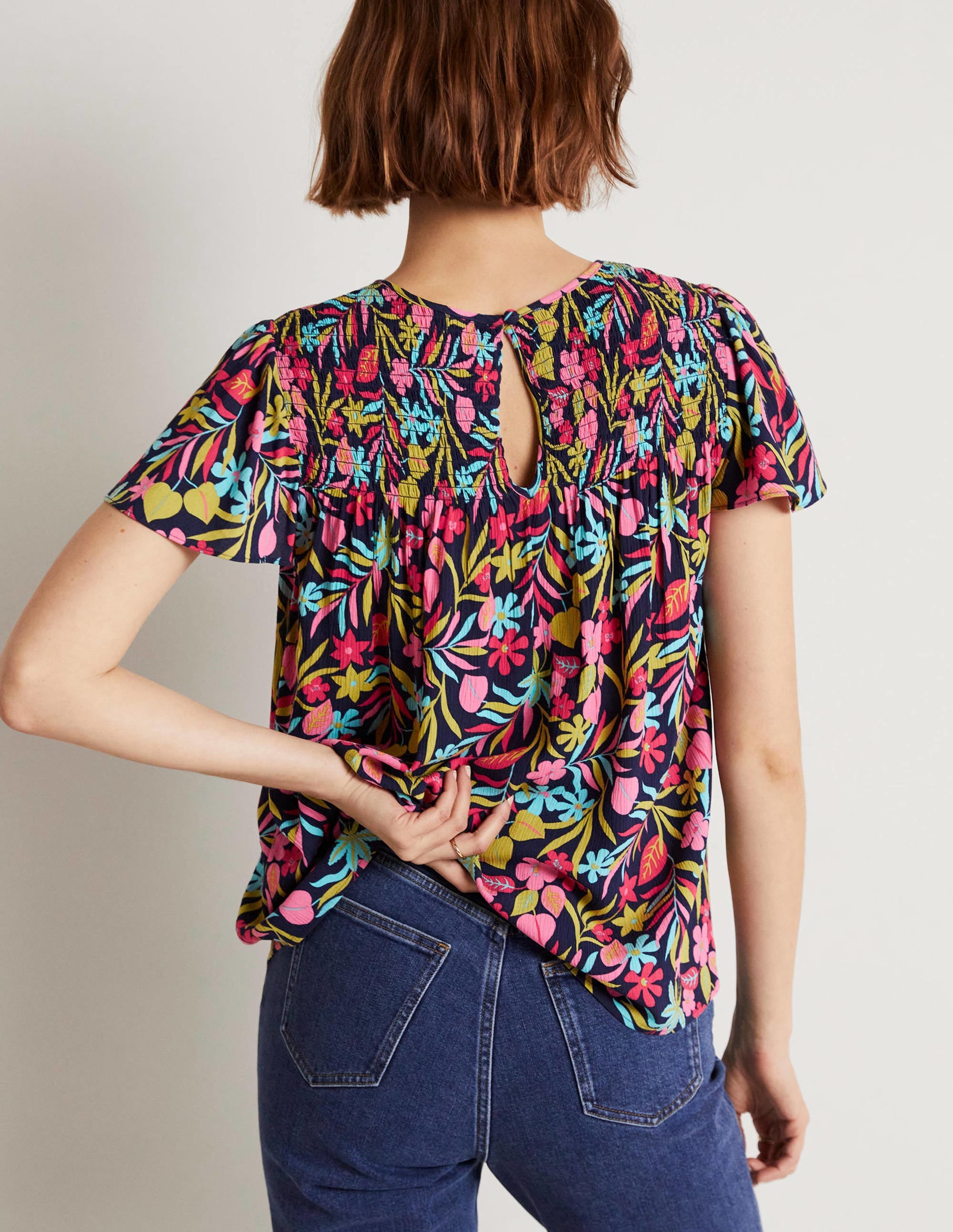 Layla Printed Smocked Top-French Navy, Tropic Foliage - Image 3