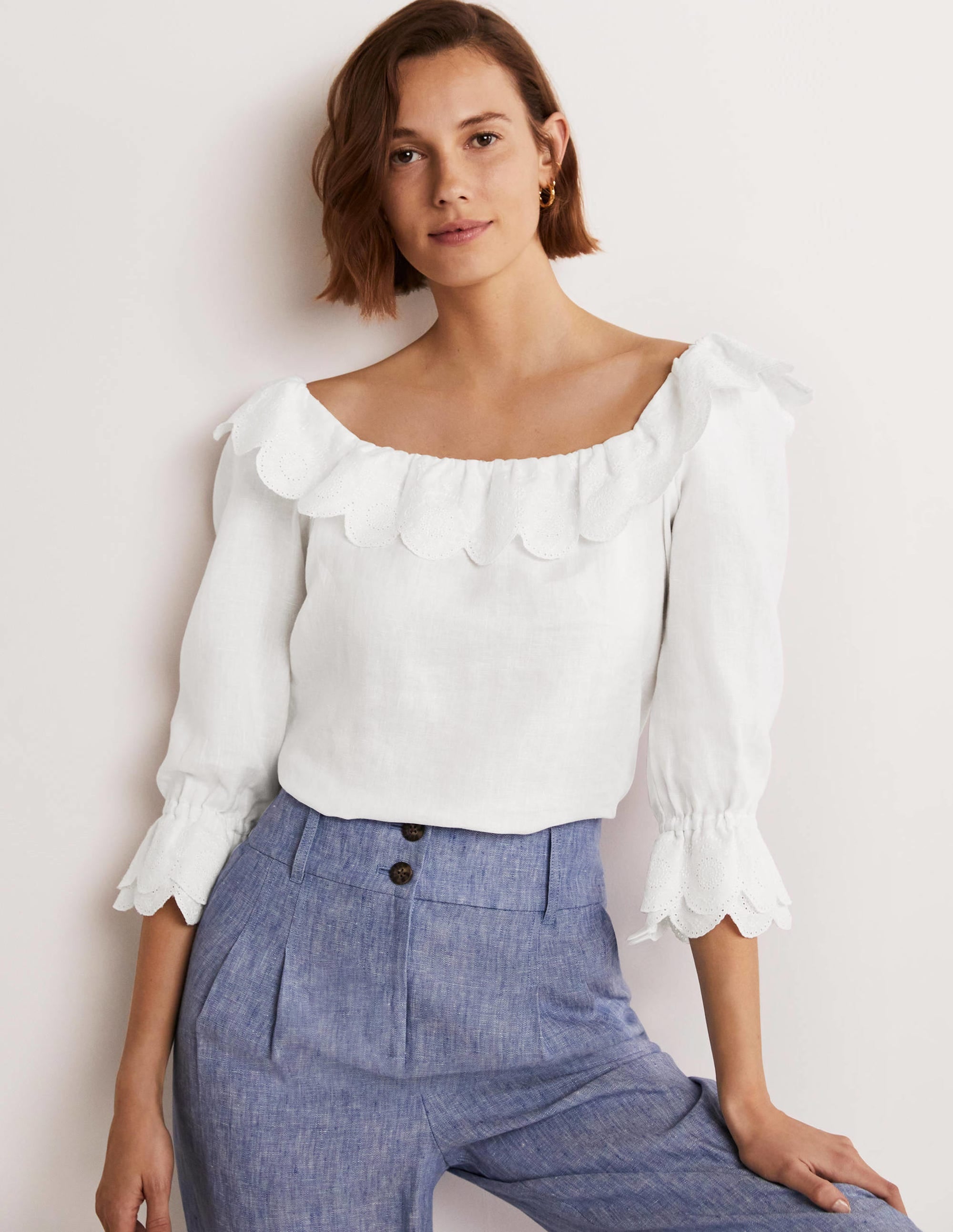 Blouse volantée en lin à col carré-Blanc - Image 5
