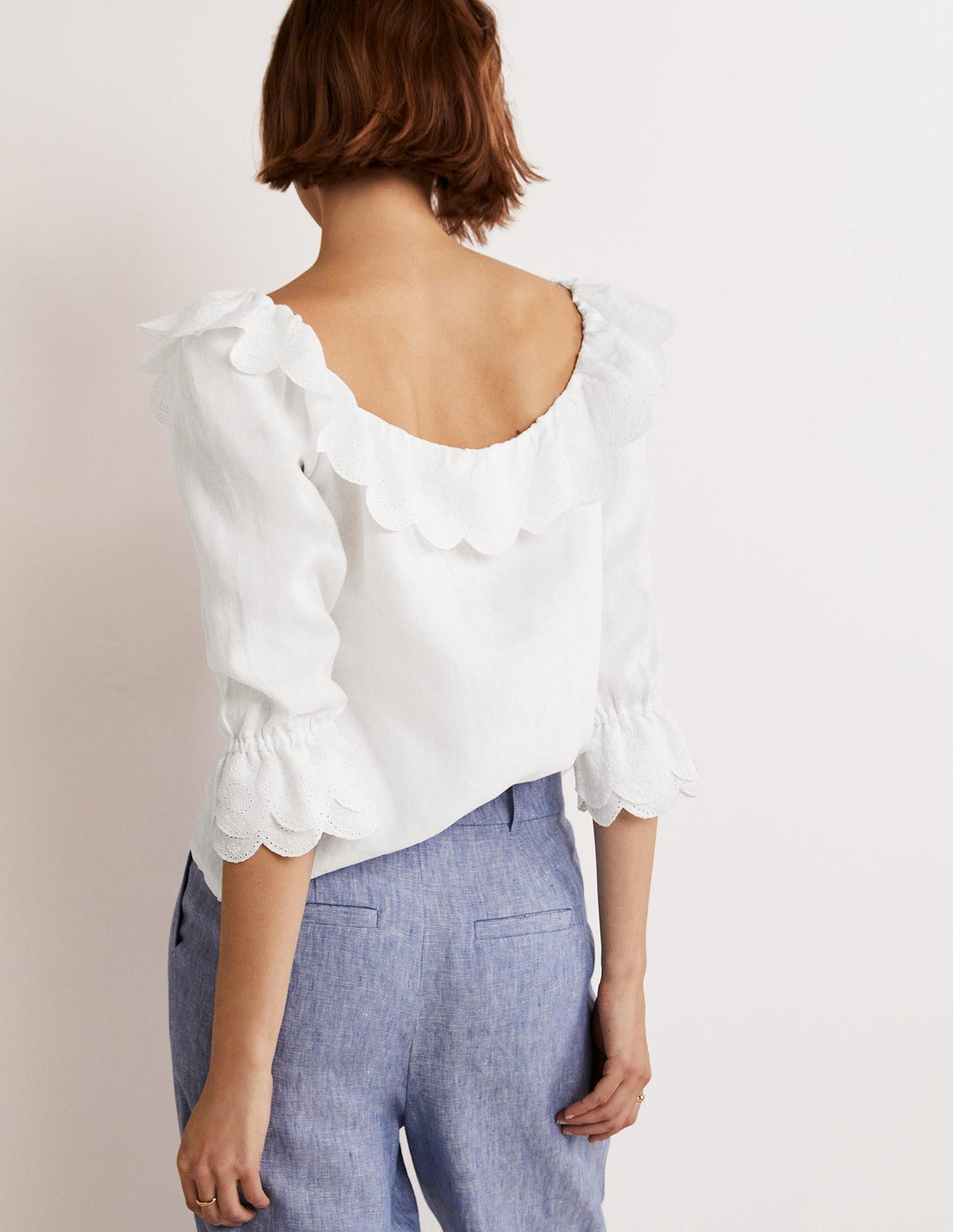 Blouse volantée en lin à col carré-Blanc - Image 3