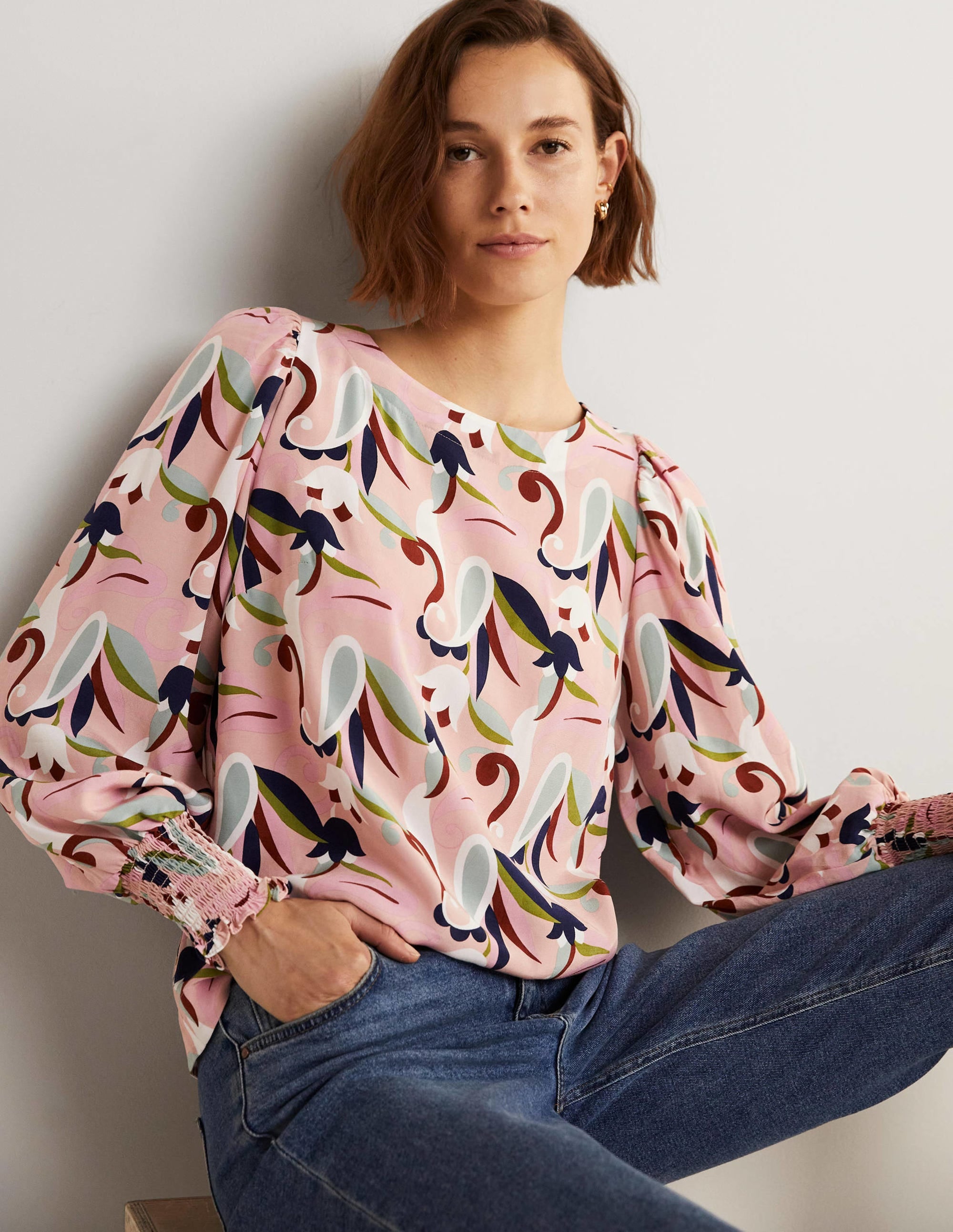 Smocked Cuff Top-Milkshake, Paisley Meadow - Image 7