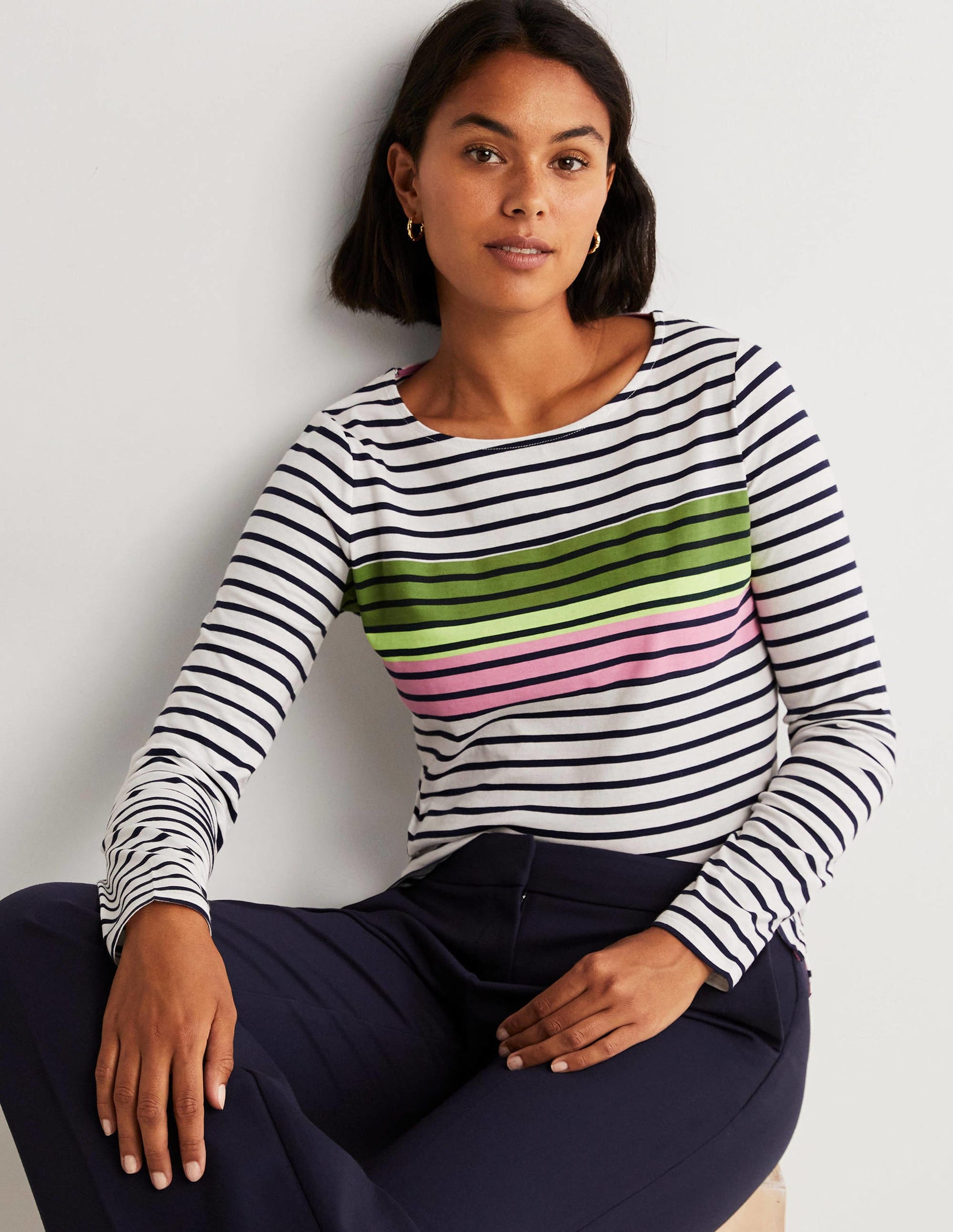 Ella Long Sleeve Breton-Green/Prink Placement Stripe-1