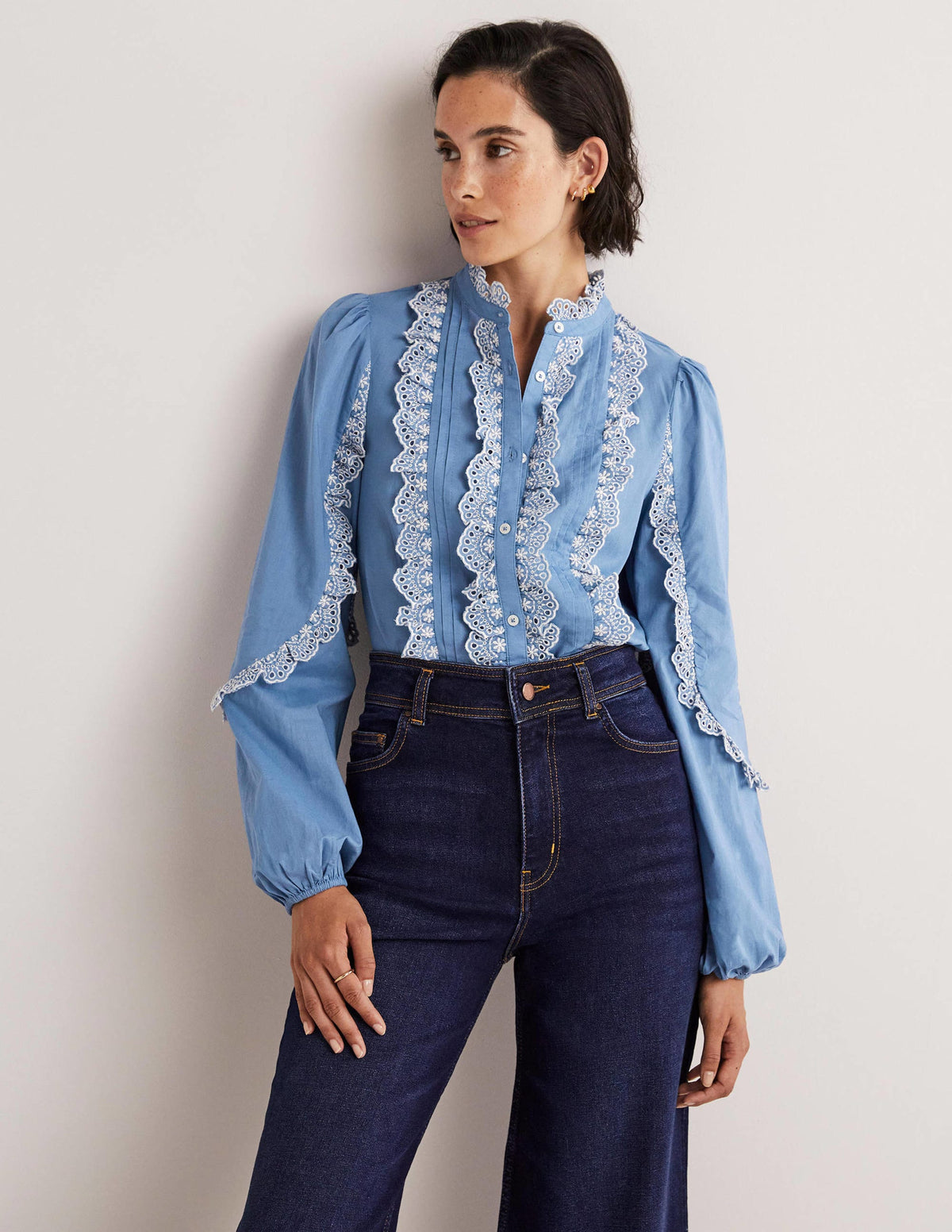 Ruffle Sleeve Broderie Blouse-Riviera Blue-1