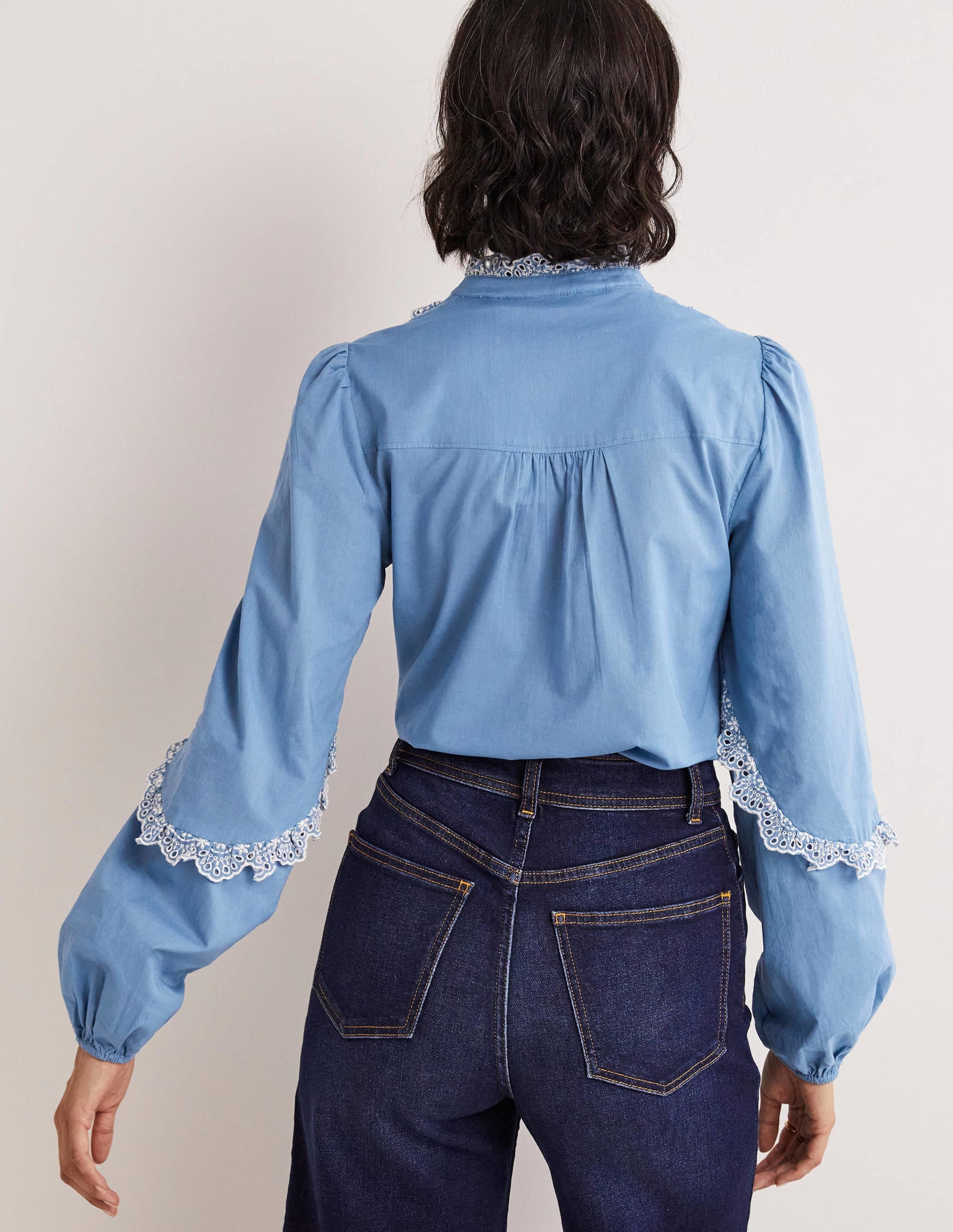 Ruffle Sleeve Broderie Blouse-Riviera Blue - Image 3
