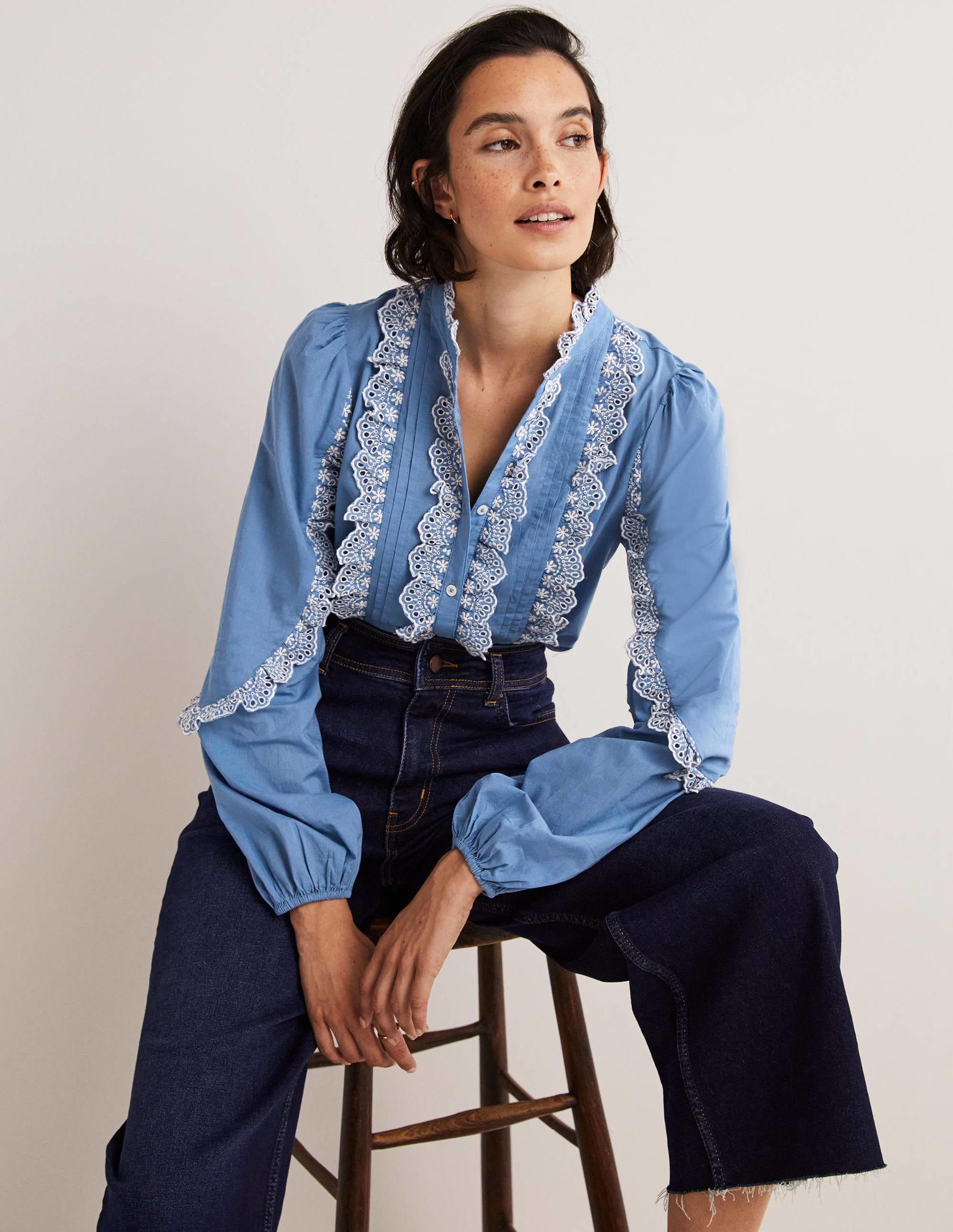 Ruffle Sleeve Broderie Blouse-Riviera Blue - Image 5