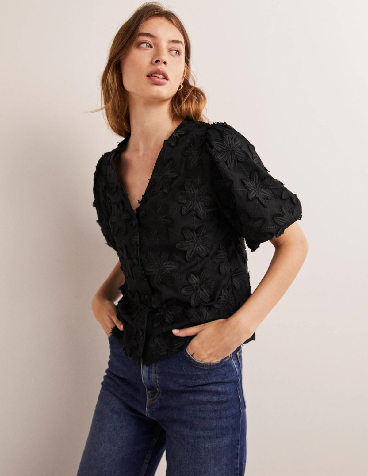 Geknöpfte Bluse mit Puffärmeln-Schwarz - Image 1