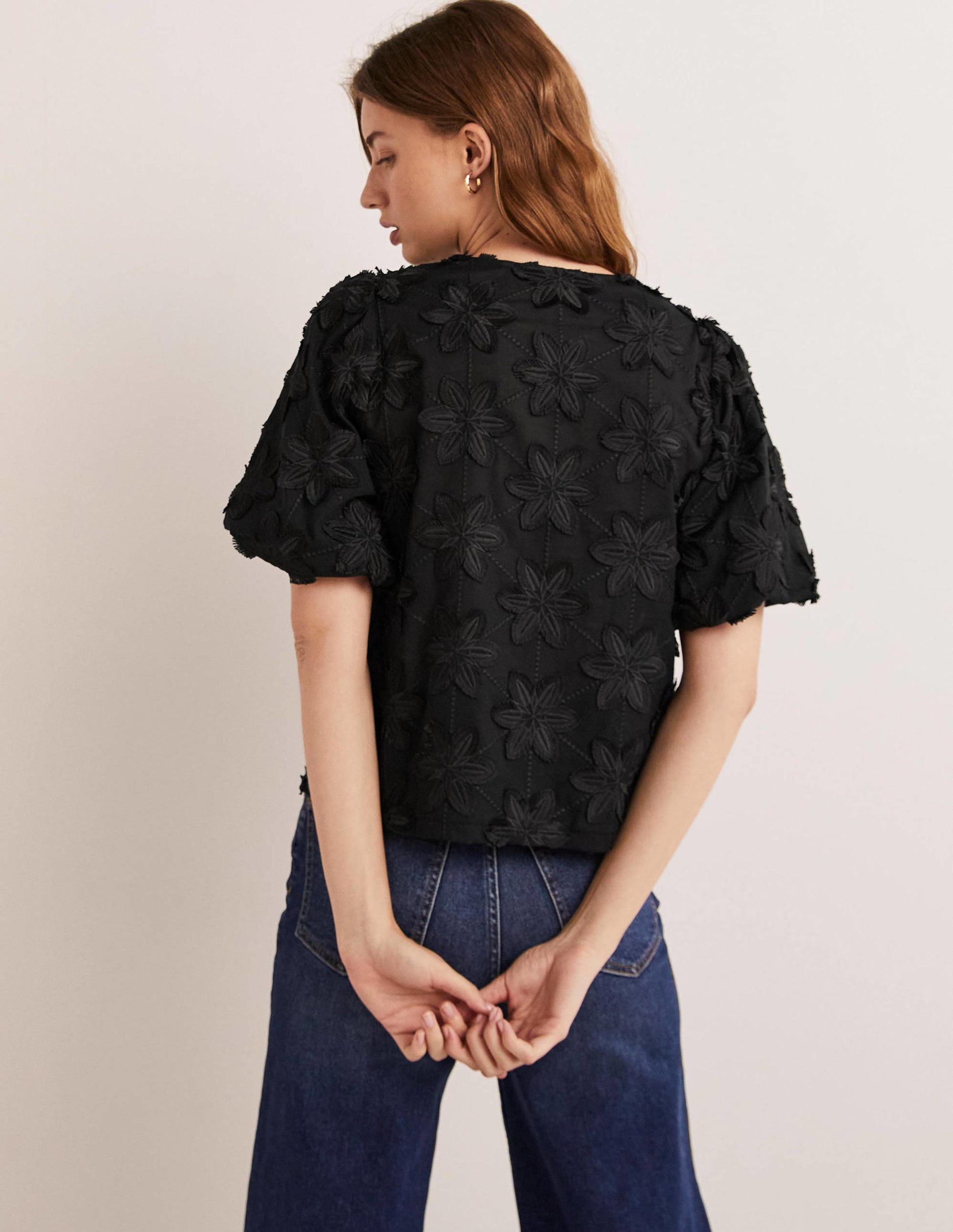 Geknöpfte Bluse mit Puffärmeln-Schwarz-3