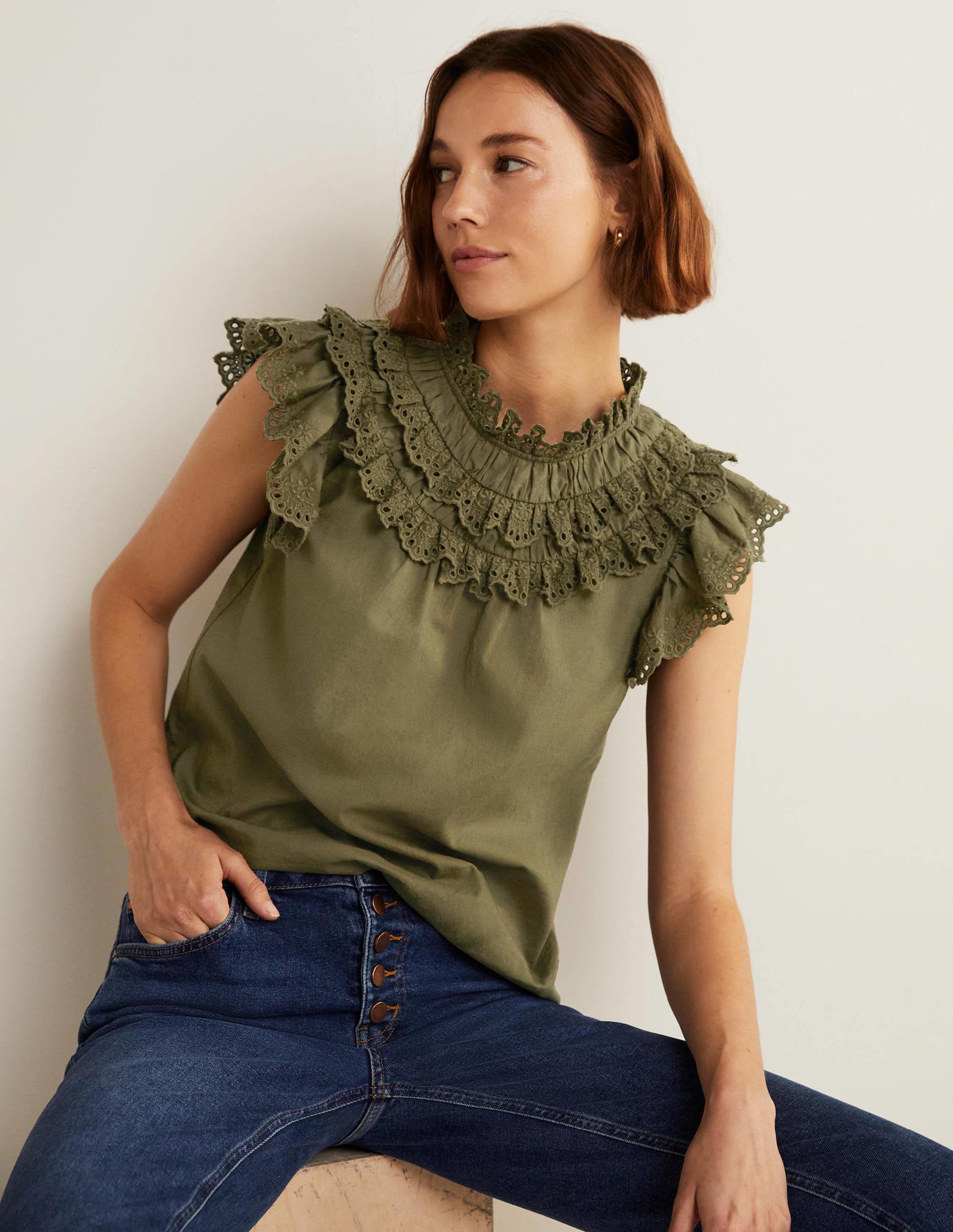 Sleeveless Broderie Top-Basil Green-5