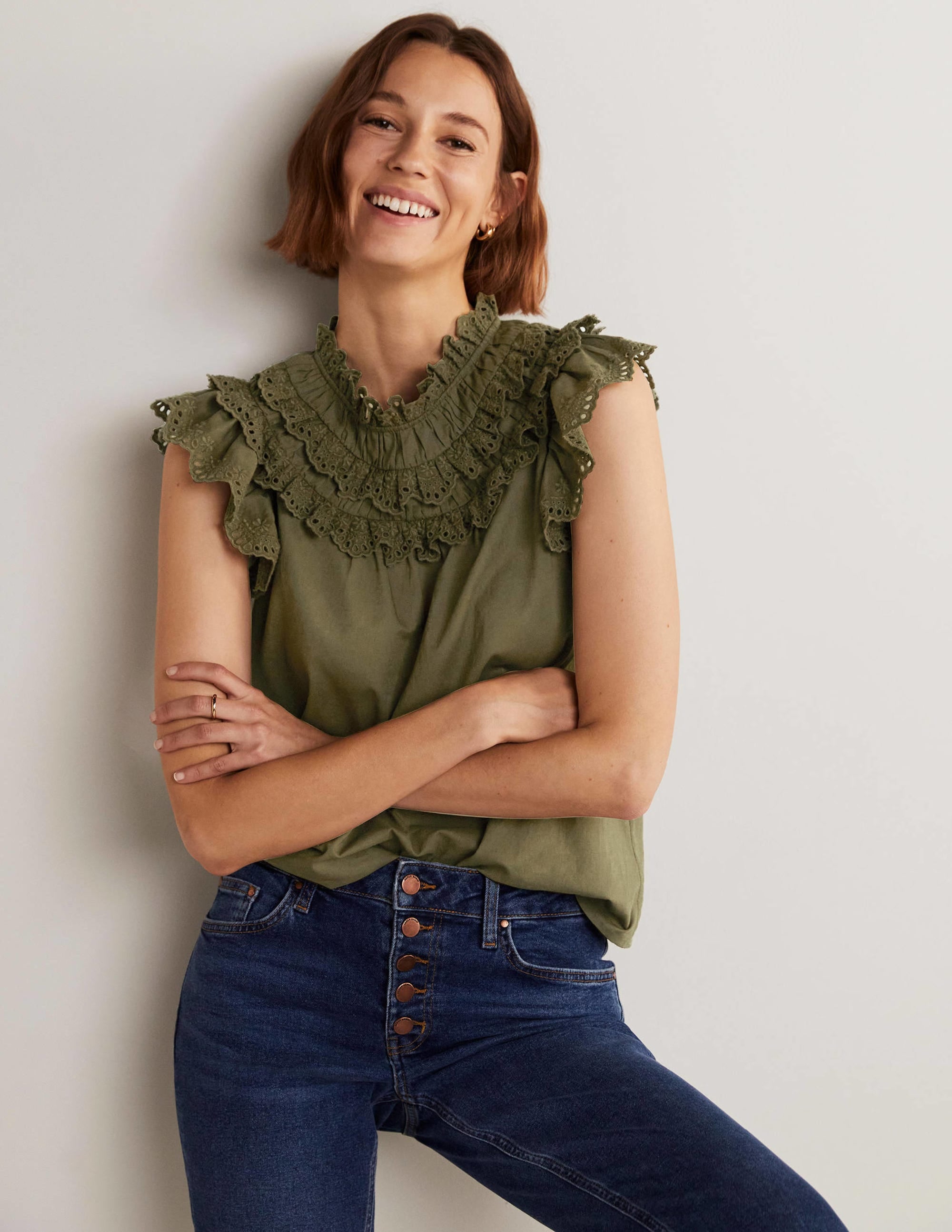 Sleeveless Broderie Top-Basil Green - Image 8