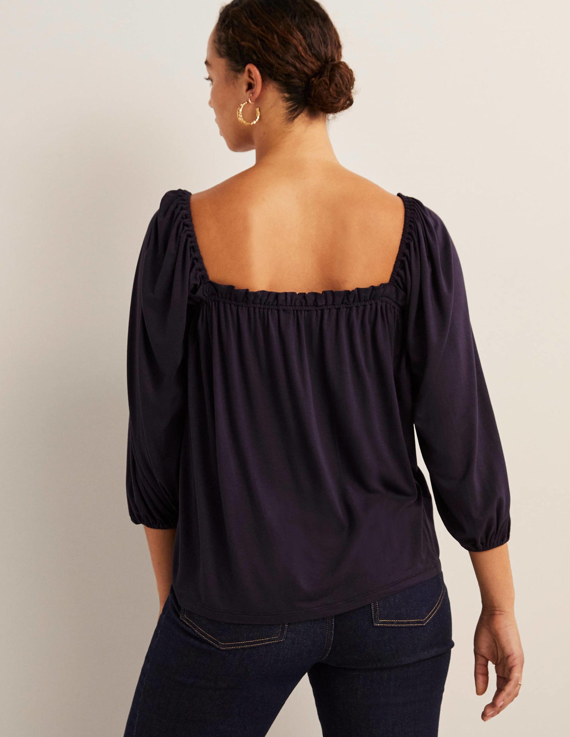 Lockeres Jerseyoberteil mit eckigem Ausschnitt-Marineblau-3
