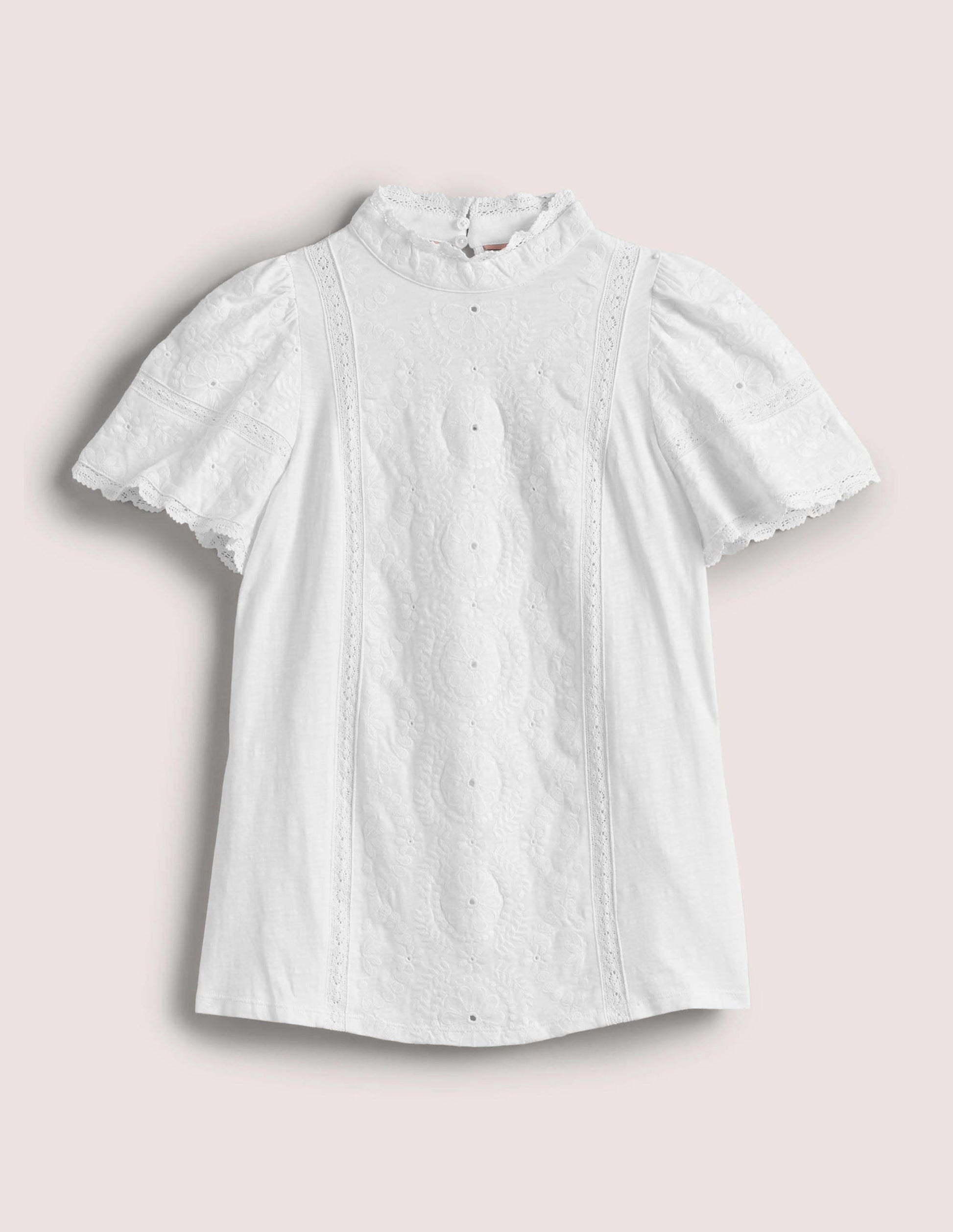 Broderie High Neck Jersey Top-White-5