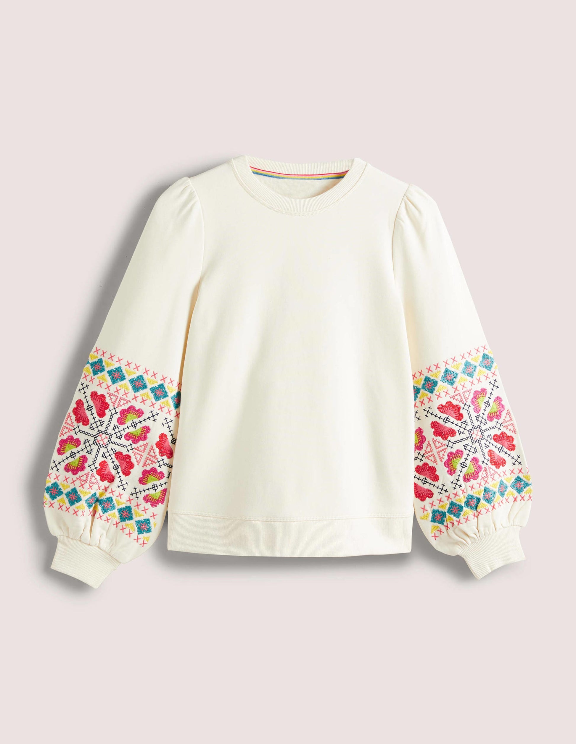 Blouson Sleeve Sweatshirt-Ivory, Multi Embroidery-5