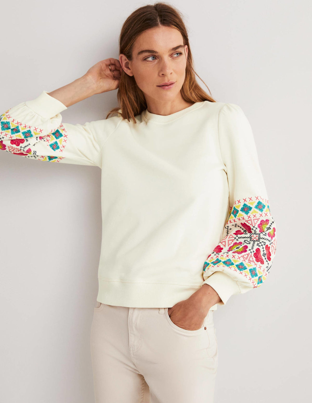 Blouson Sleeve Sweatshirt-Ivory, Multi Embroidery-1