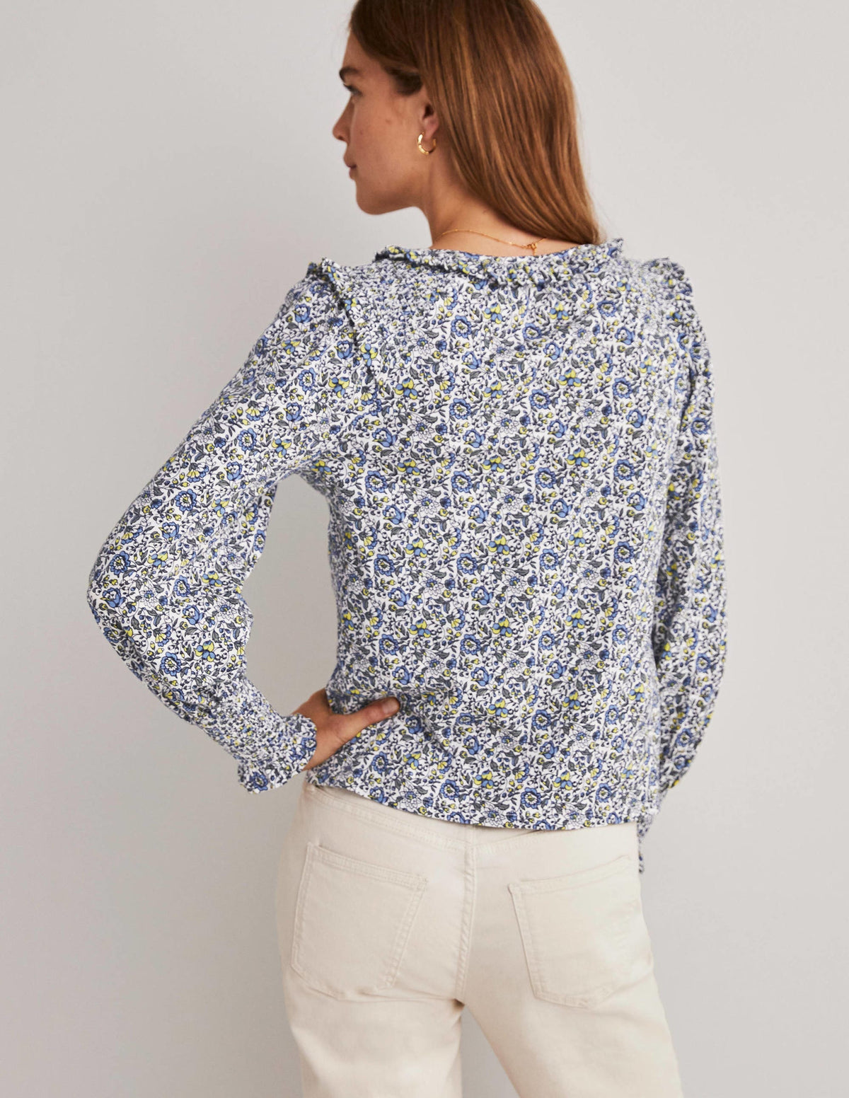 Notch Neck Smocked Frill Top-Ivory, Botanic Meadow-3