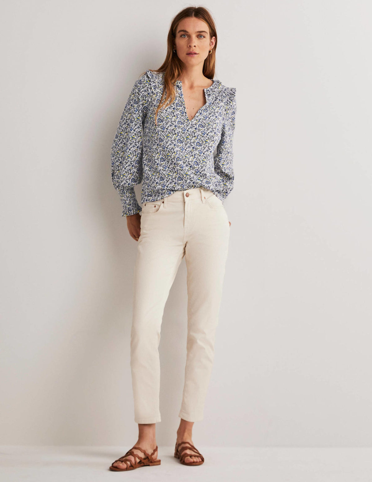 Notch Neck Smocked Frill Top-Ivory, Botanic Meadow-5