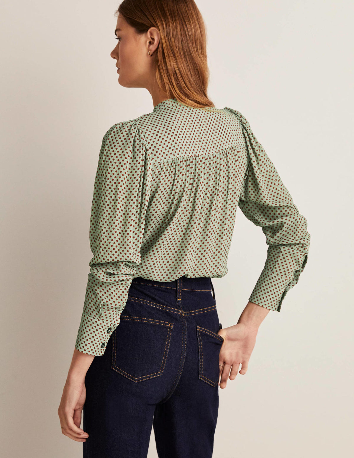 Geknöpfte Bluse mit Plisseefalten-Jadeit-Grün, Getupft - Image 3