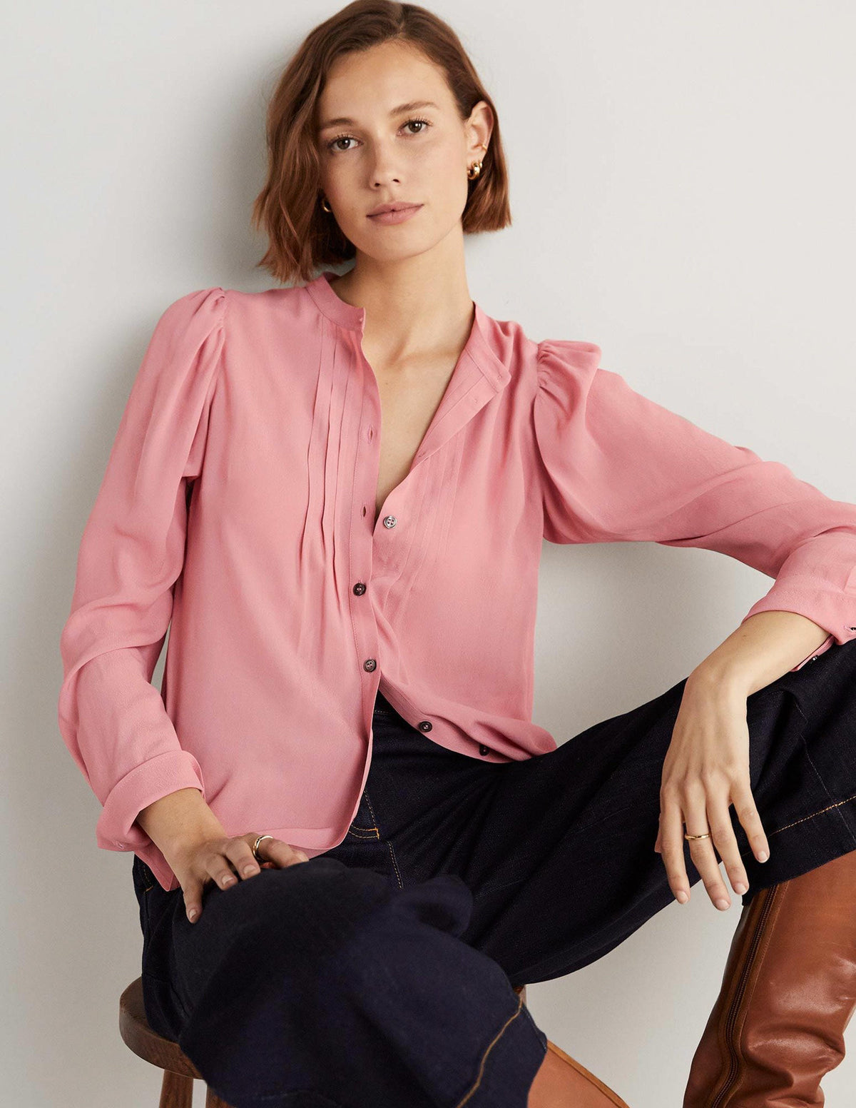 Blouse boutonnée et plissée-Rose amande-4