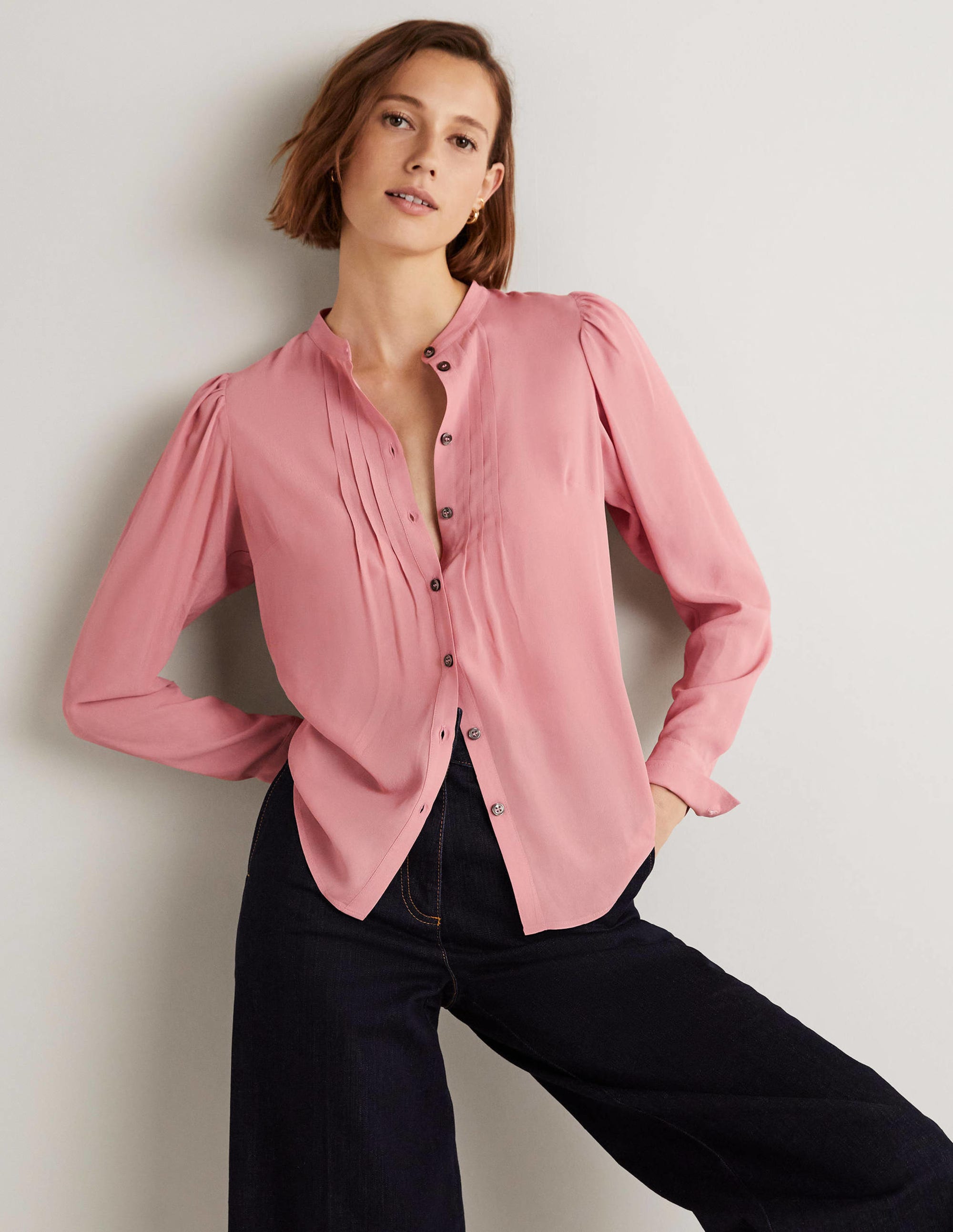 Blouse boutonnée et plissée-Rose amande - Image 5