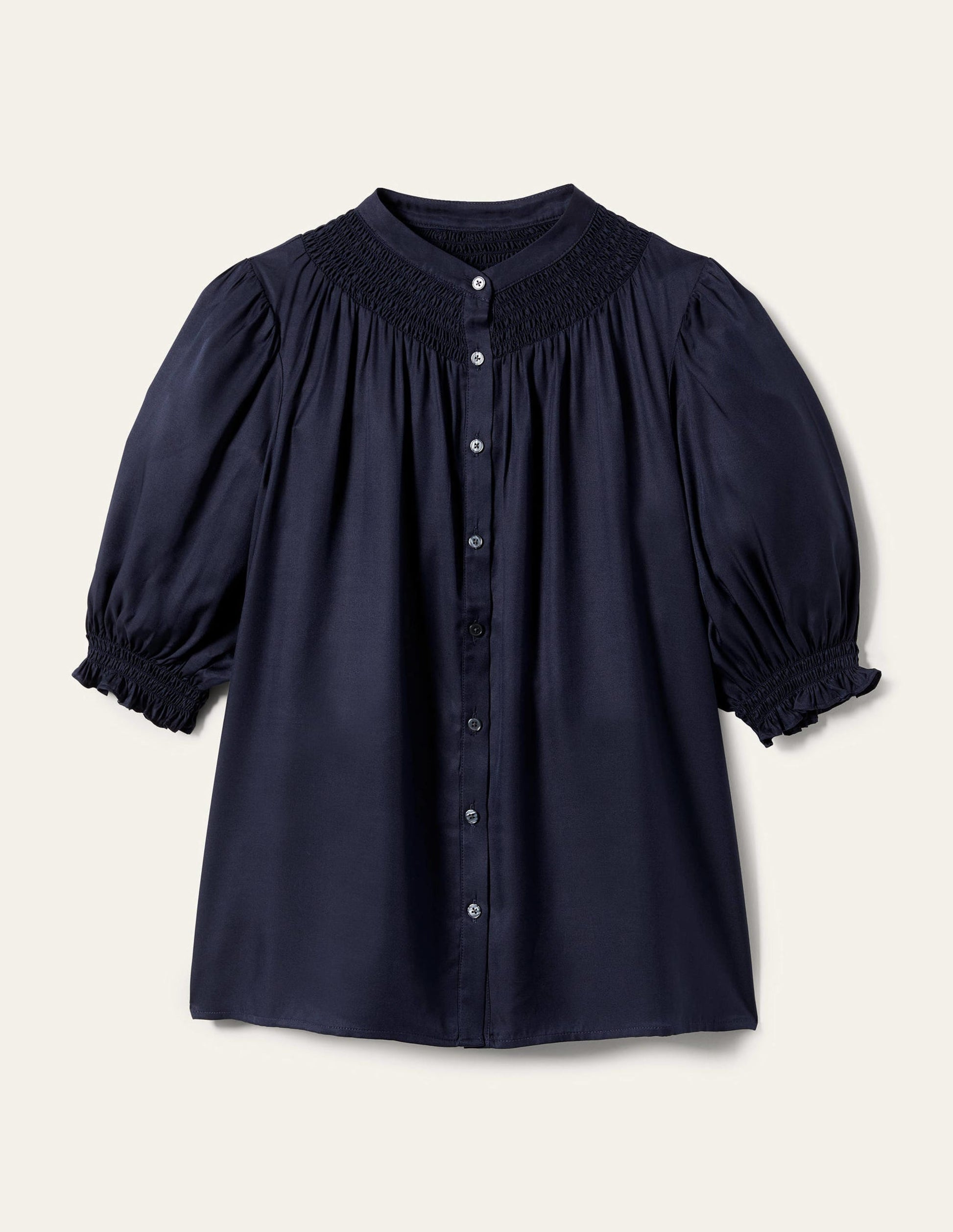 Blouse en soie à smocks-Bleu marine-11