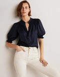 Blouse en soie à smocks-Bleu marine