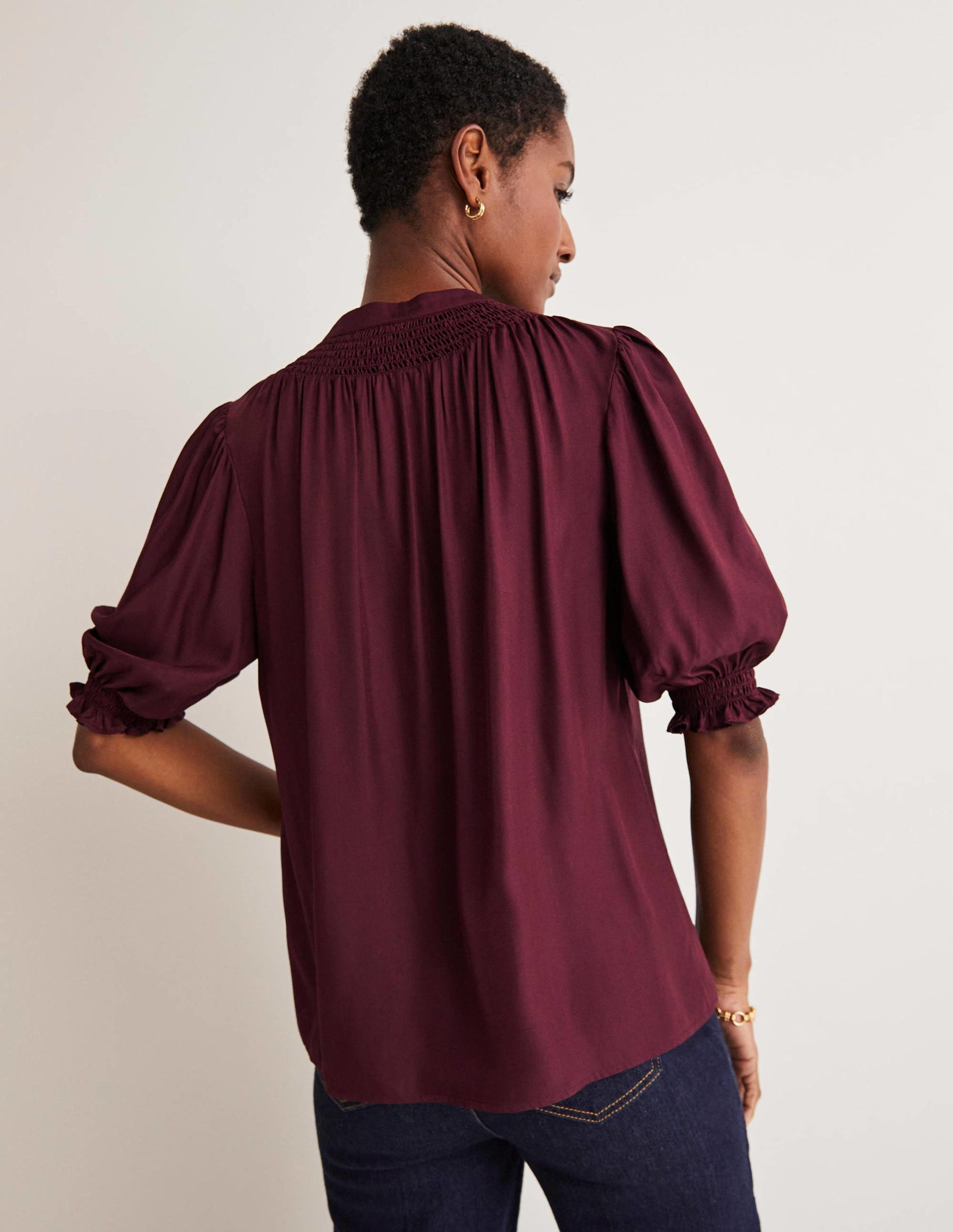 Smocked Silk Blend Blouse-Mulled Wine Purple-7