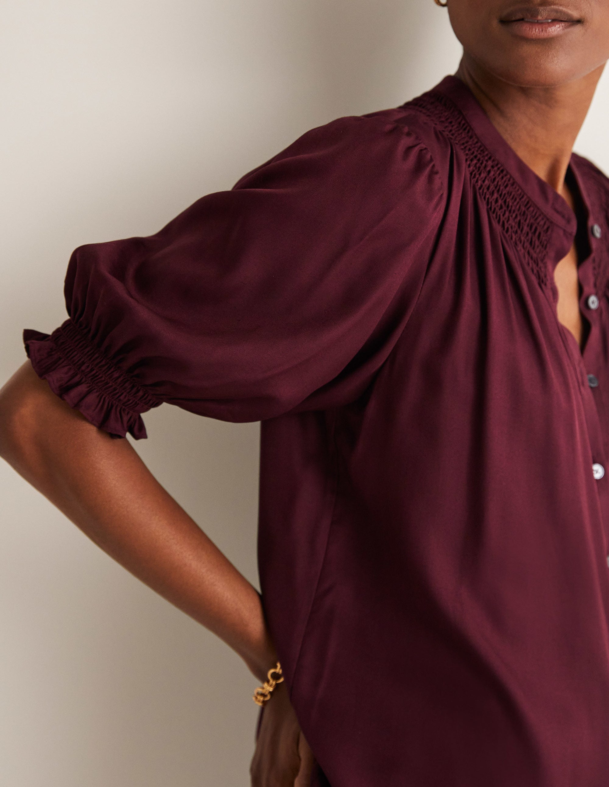 Smocked Silk Blend Blouse-Mulled Wine Purple - Image 2
