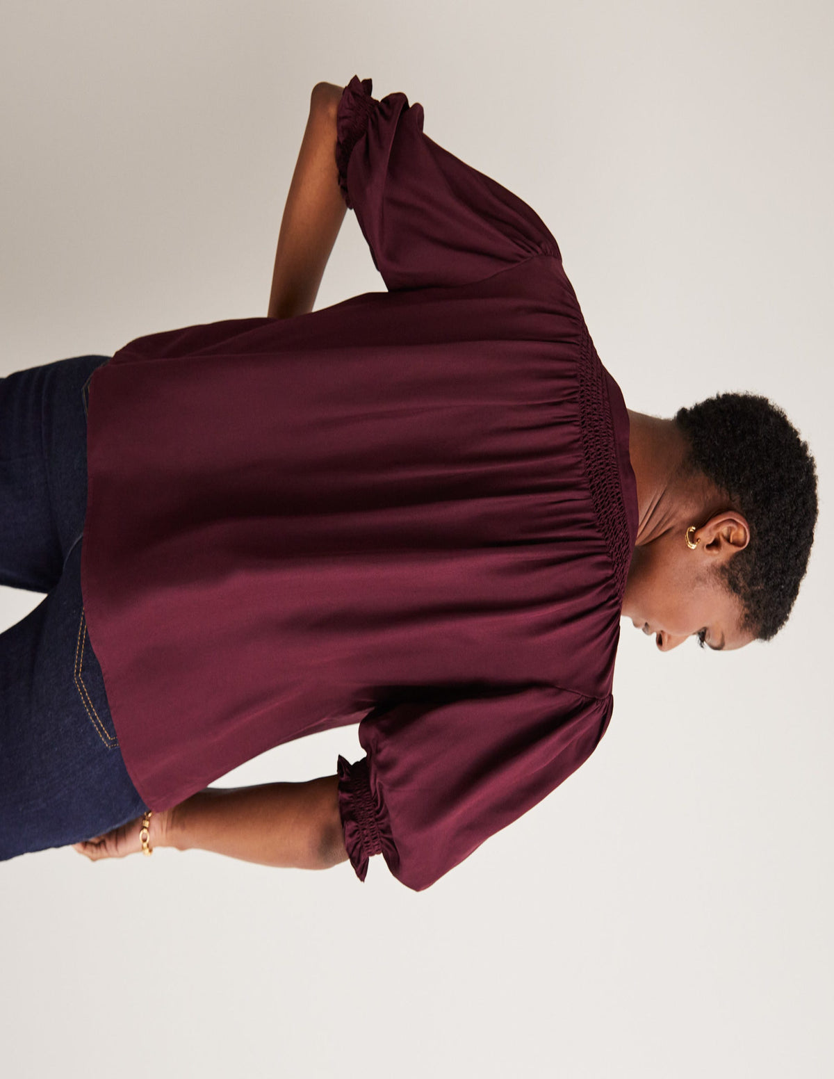 Smocked Silk Blend Blouse-Mulled Wine Purple - Image 3