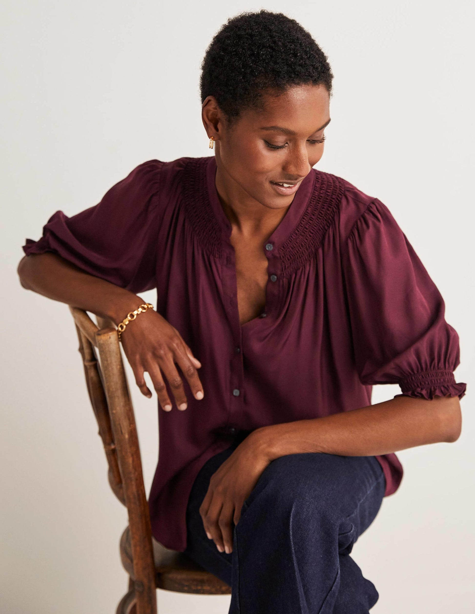 Smocked Silk Blend Blouse-Mulled Wine Purple-5