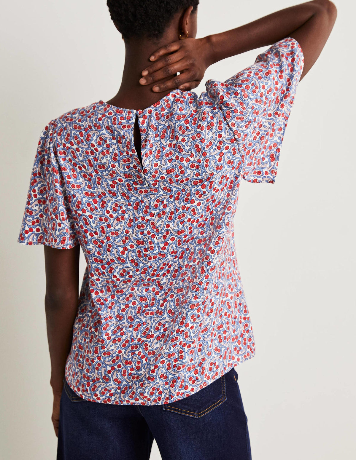 Top col rond à manches aériennes-Bleu Côte d'azur, motif Petal Paisley - Image 3