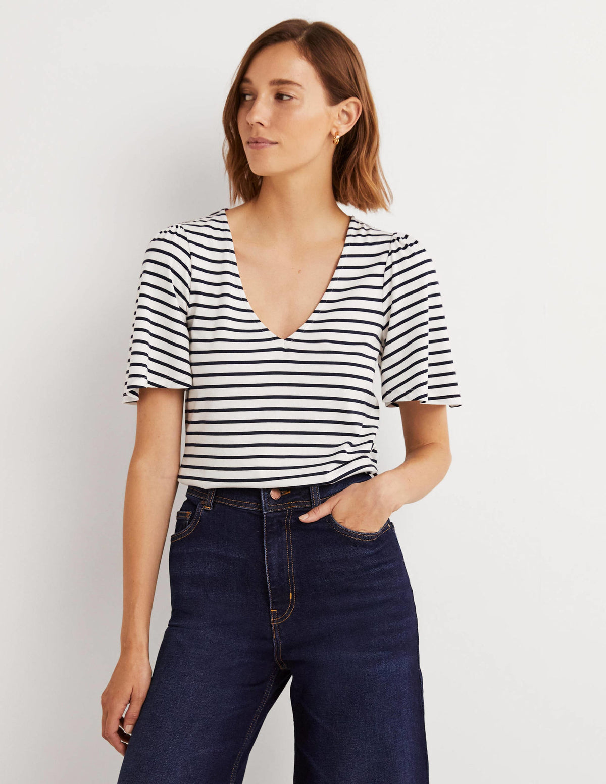 Supersoft Flutter Sleeve Top-Ivory / Navy Stripe - Image 1