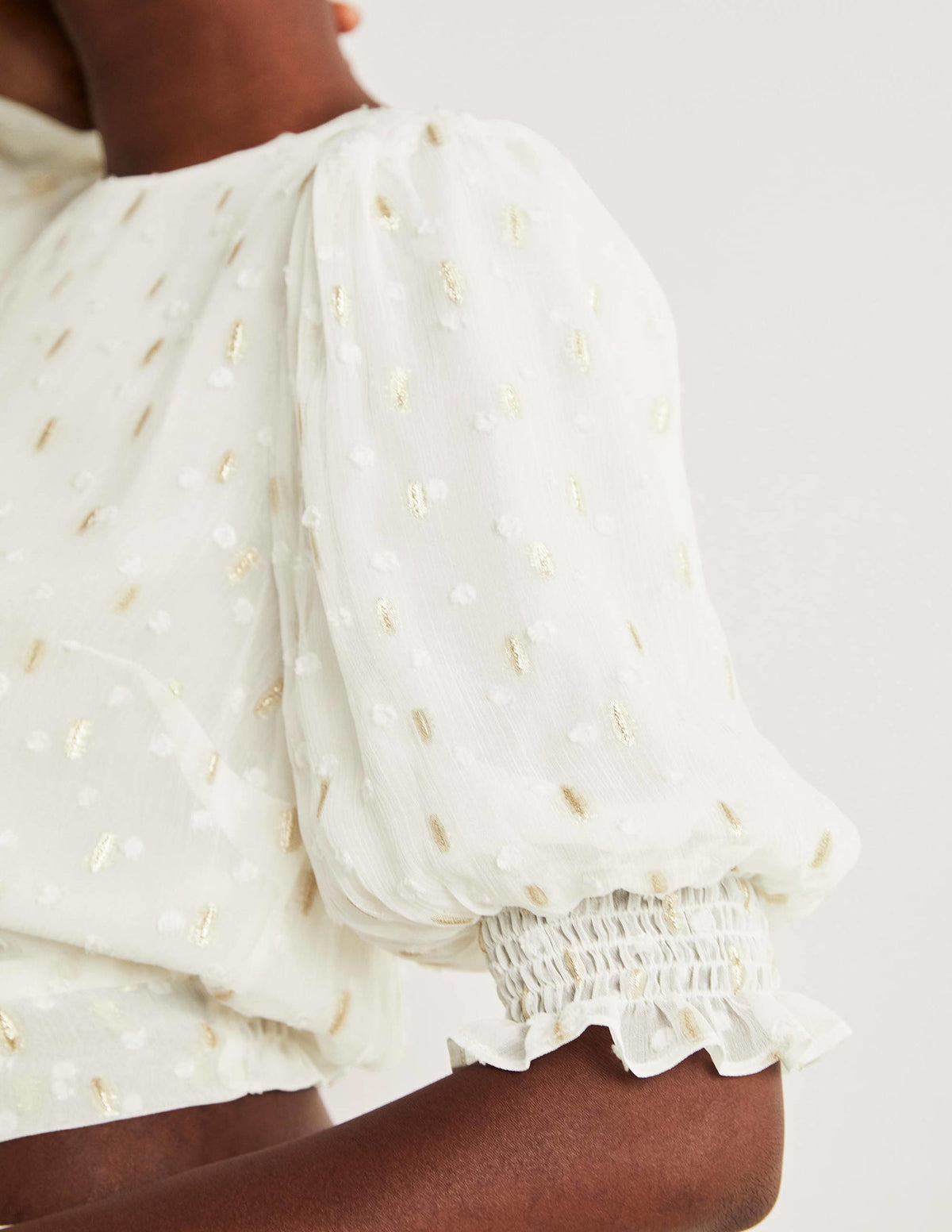 Cropped Metallic Smocked Top-Ivory and Gold Clip-3