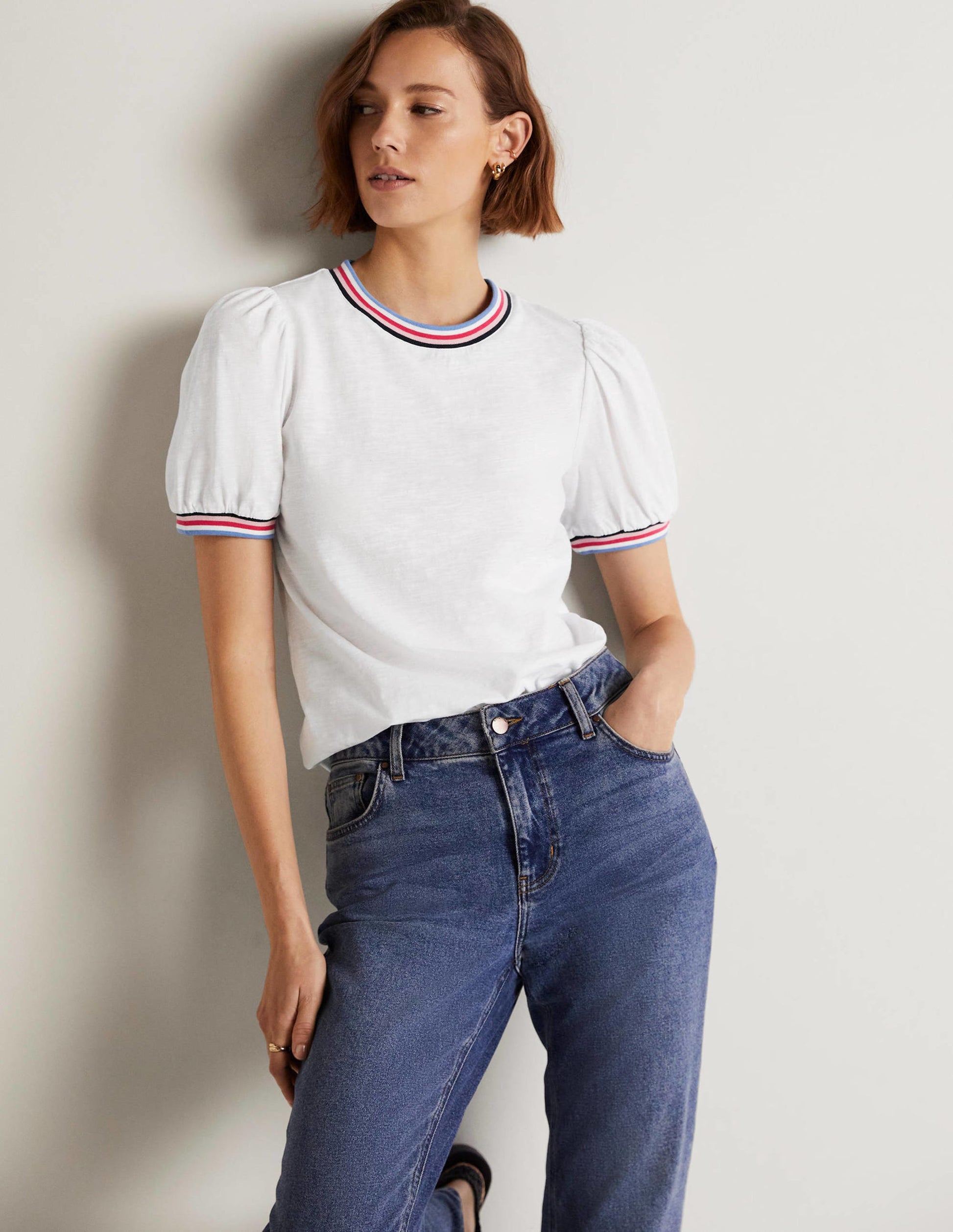 Rib Trim Blouson Top-White-5
