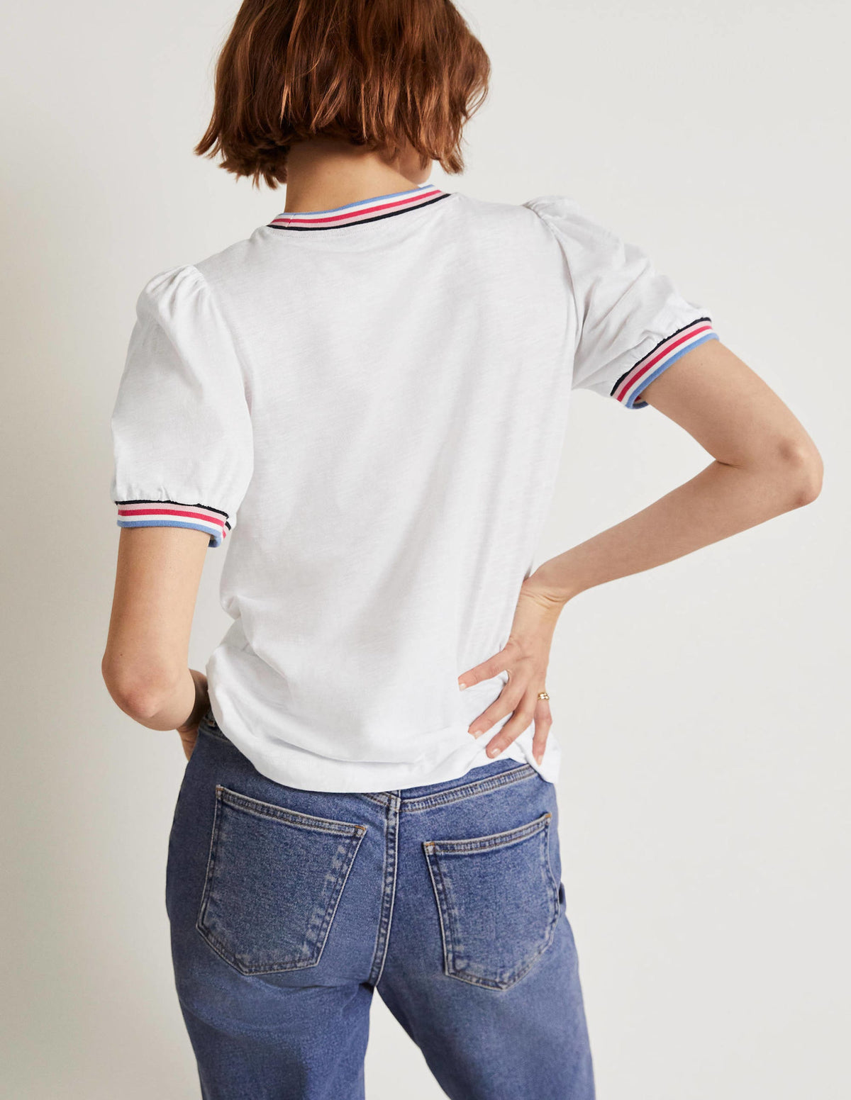 Rib Trim Blouson Top-White-3