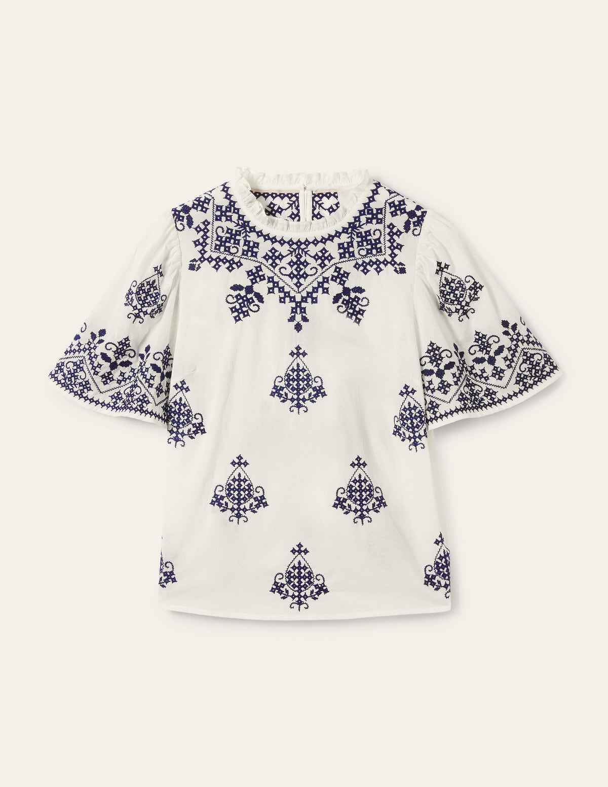 Flutter Sleeve Embroidered Top-Ivory, Navy Embroidery - Image 5