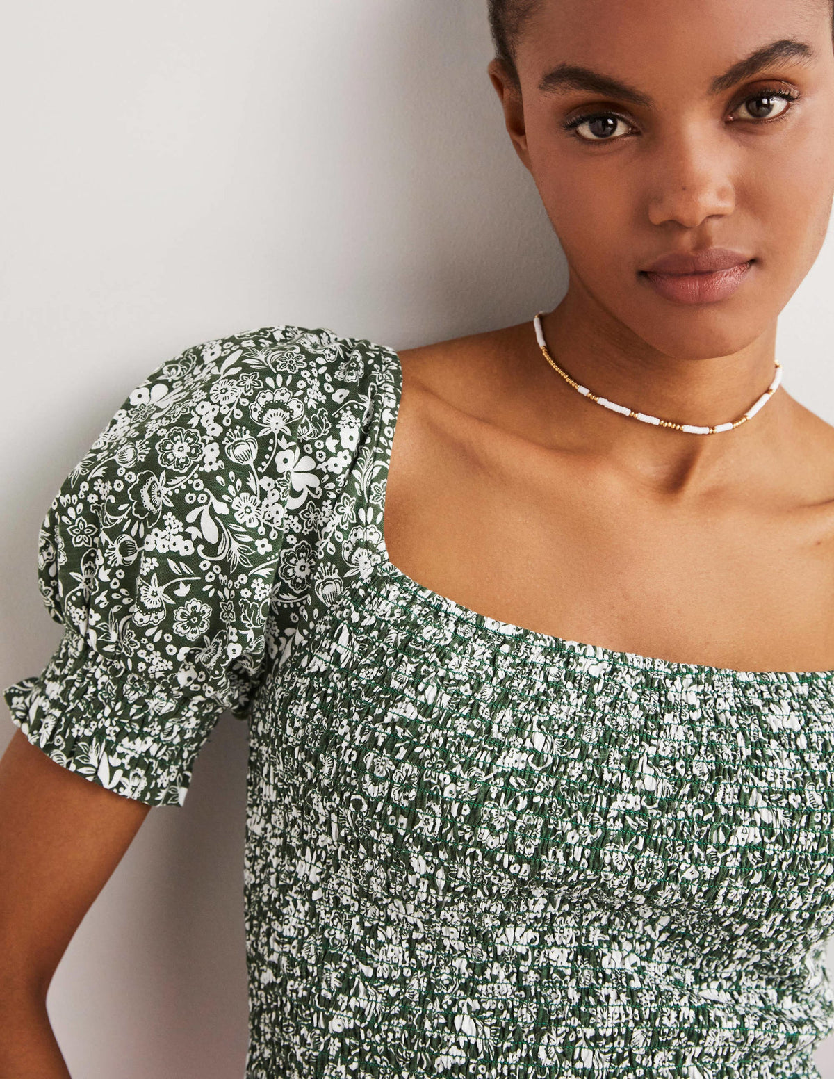 Top smocké en jersey à col carré-Vert chasseur, motif Pretty Paradise-2