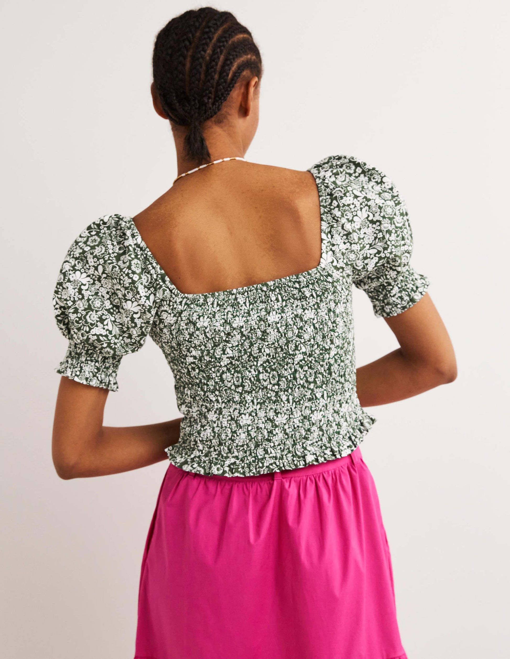 Top smocké en jersey à col carré-Vert chasseur, motif Pretty Paradise-3